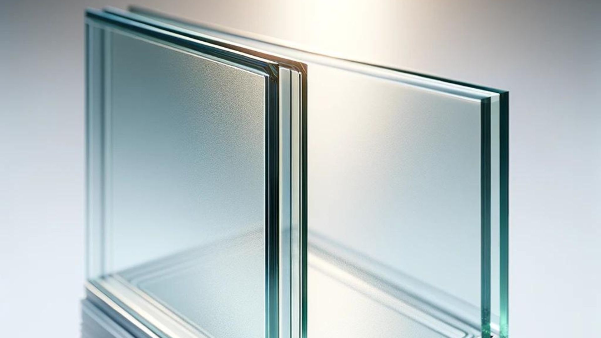Two panes of clear glass, with a frosted surface in between, demonstrating double-pane window construction.