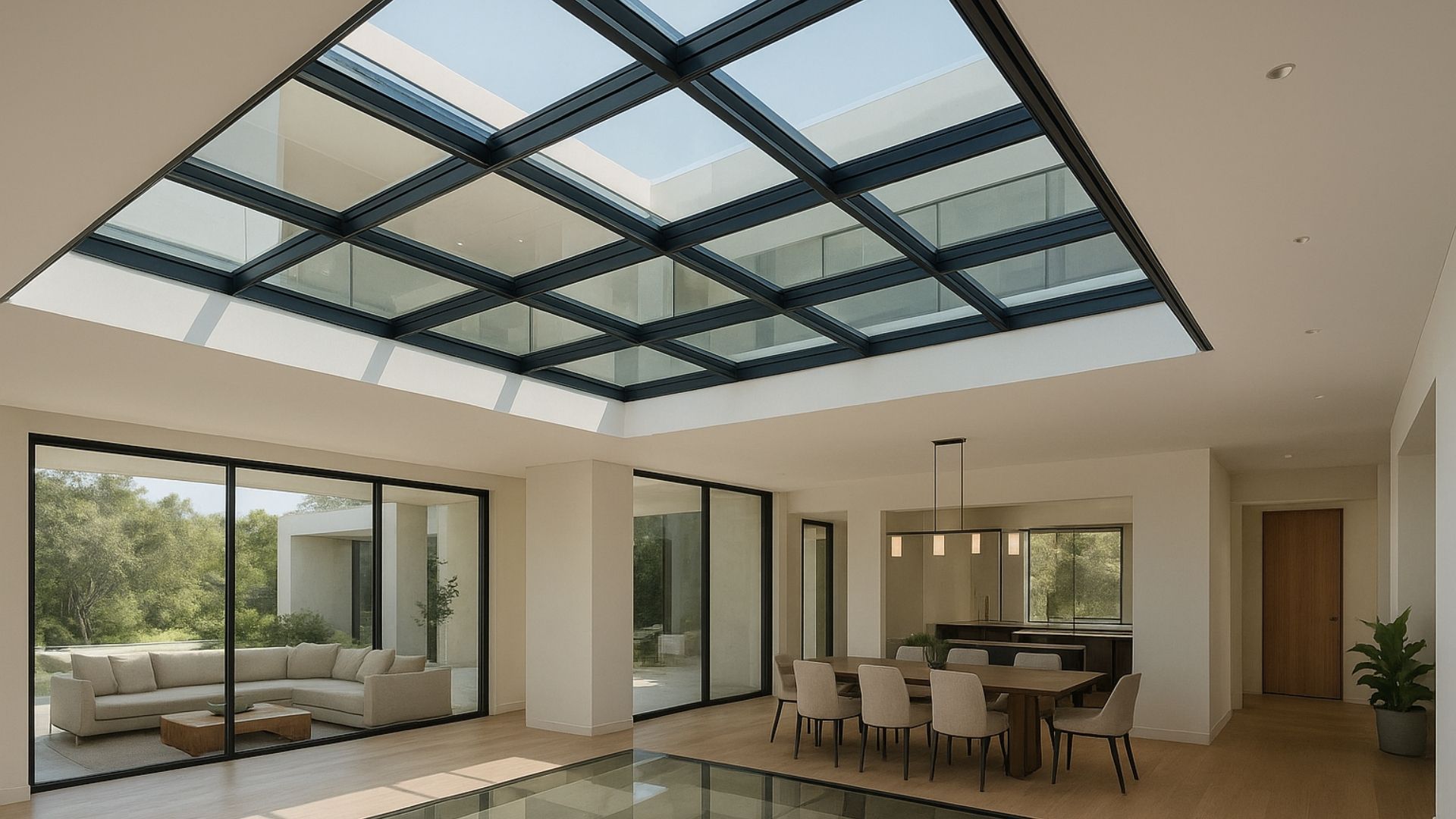 Modern interior with a large glass skylight, sliding doors, and dining area.