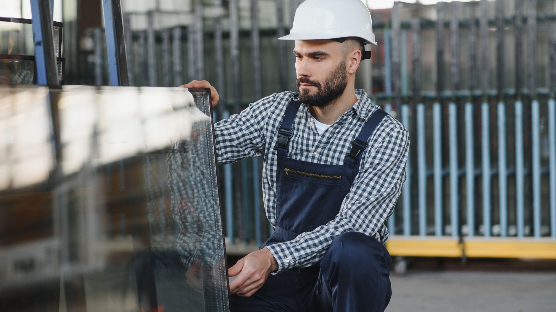 Man in work clothes and hard hat inspects surface in factory setting.