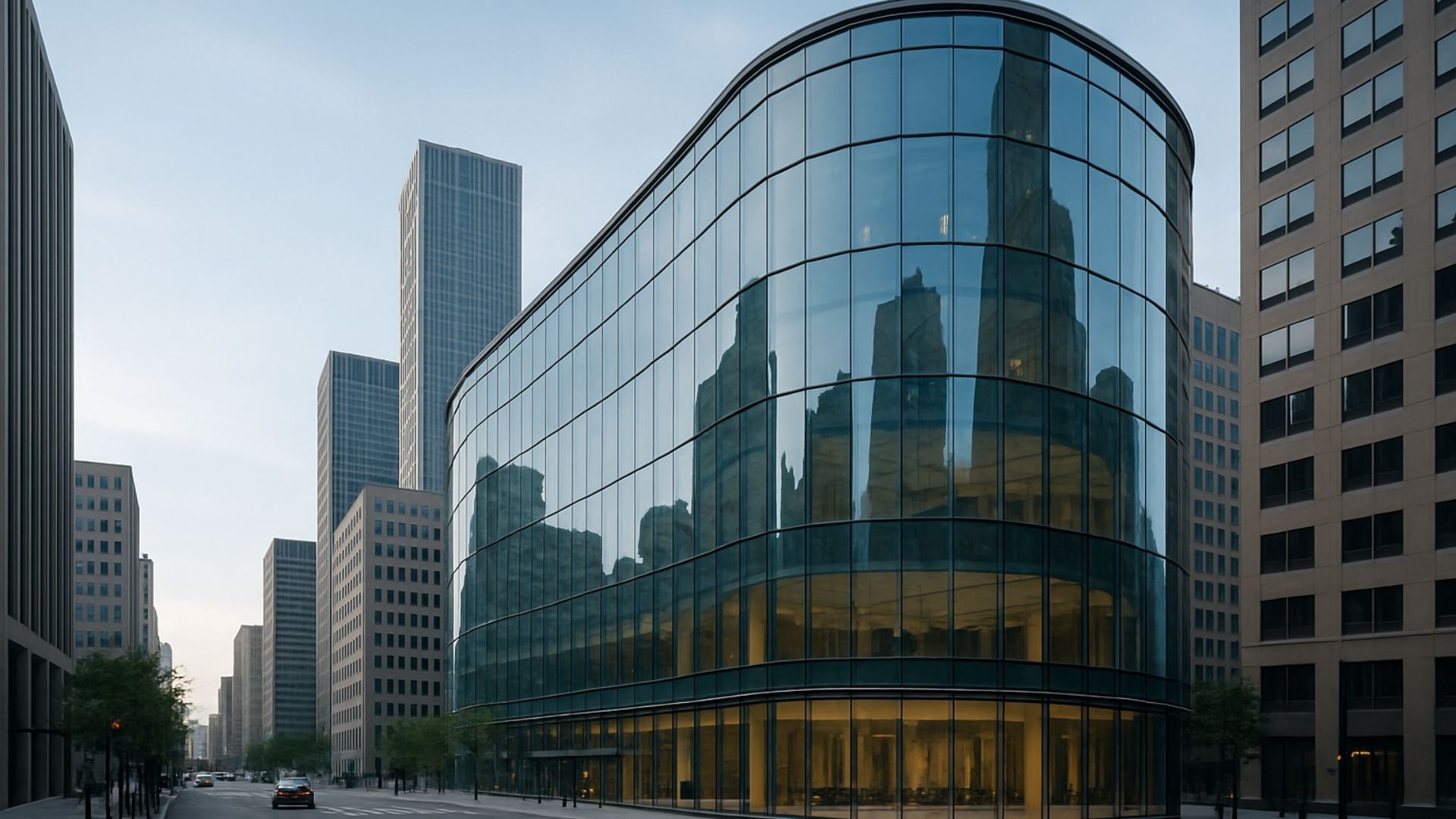 Modern glass building reflecting surrounding city skyscrapers on a city street.