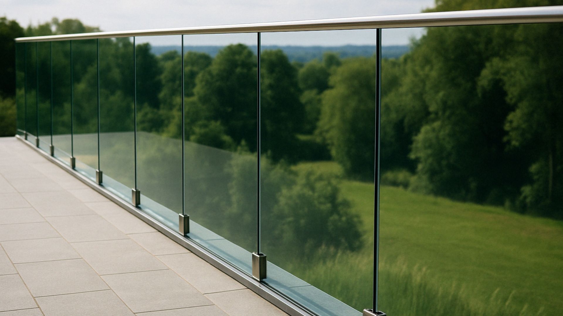 Glass balcony railing overlooking green trees and field.