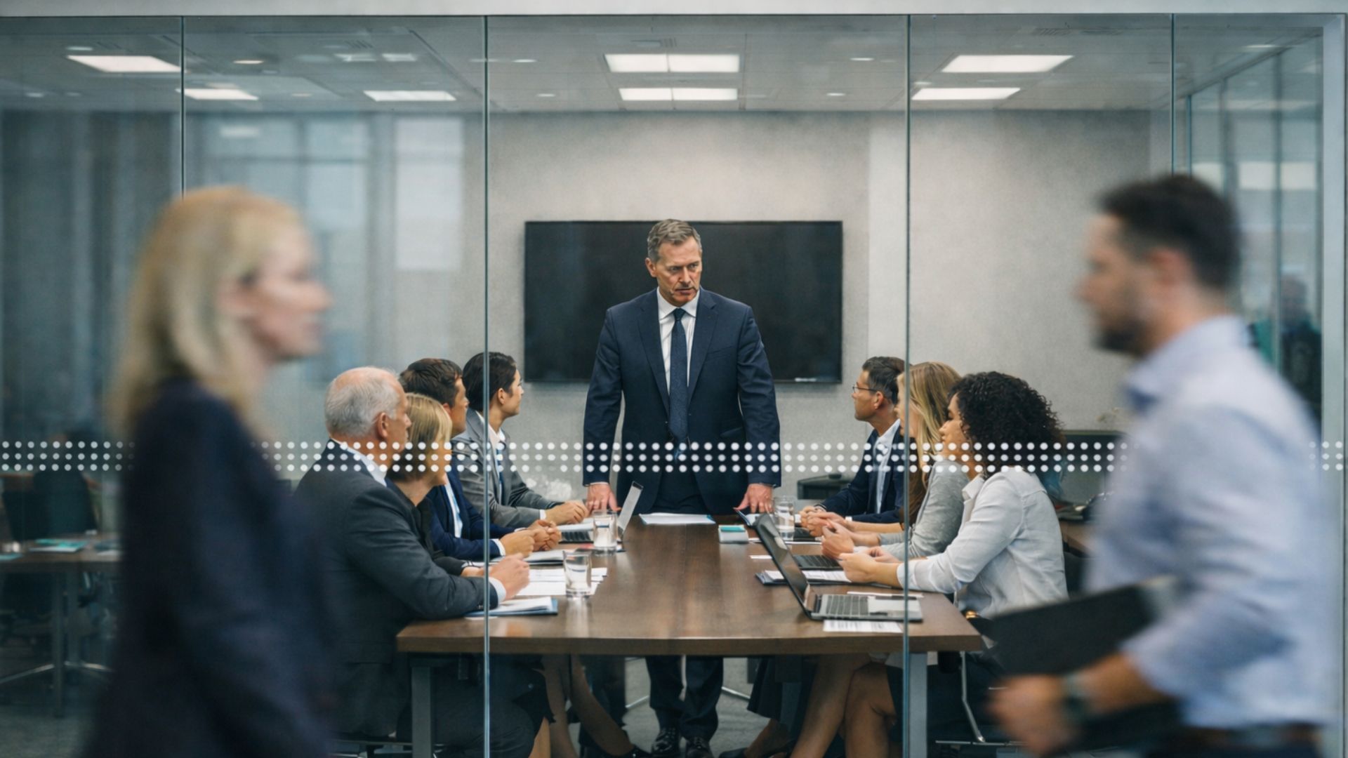Business meeting in progress; man standing addresses people seated at a long table, modern office.