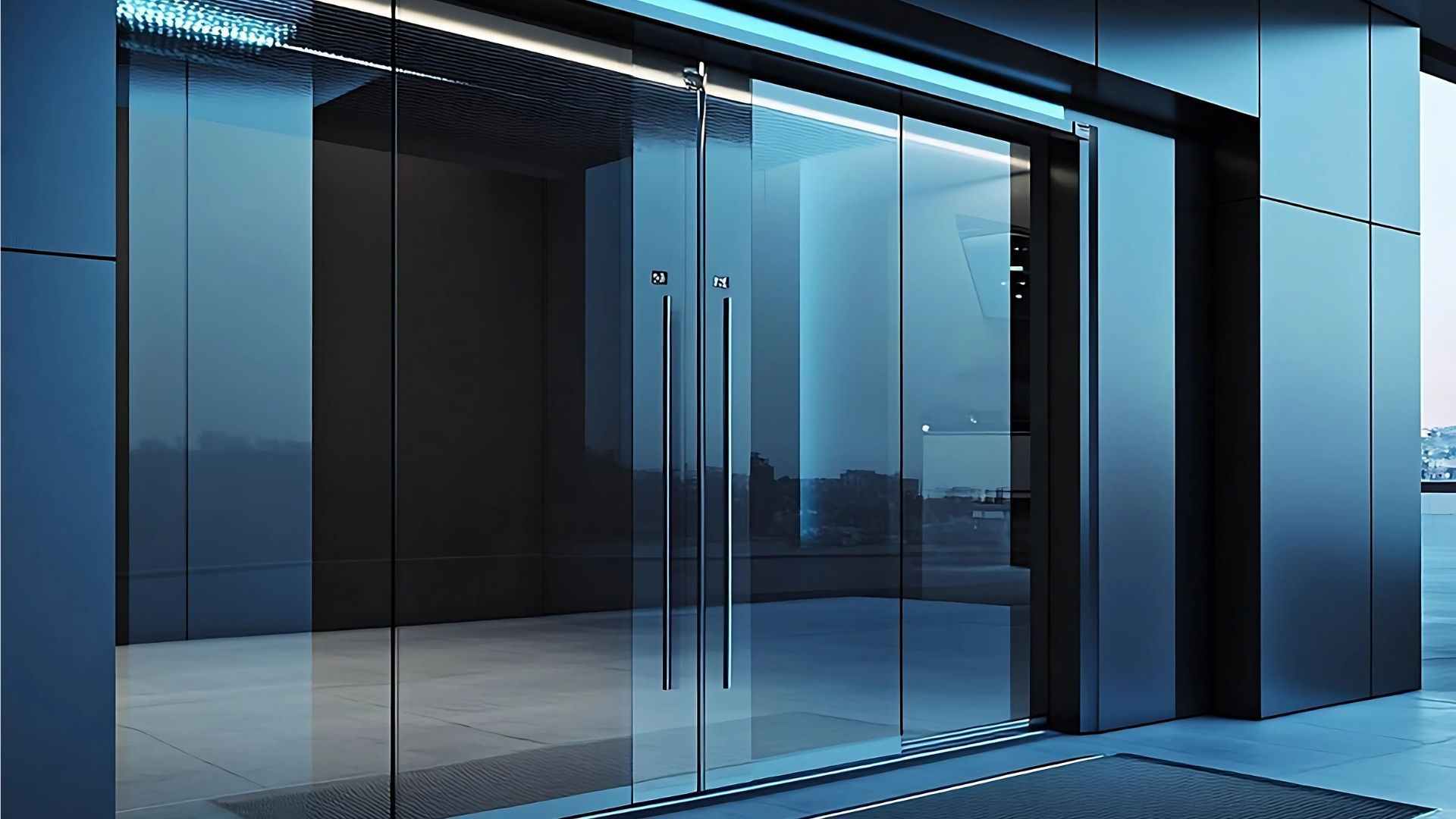 Glass doors with stainless steel handles at the entrance of a modern building.