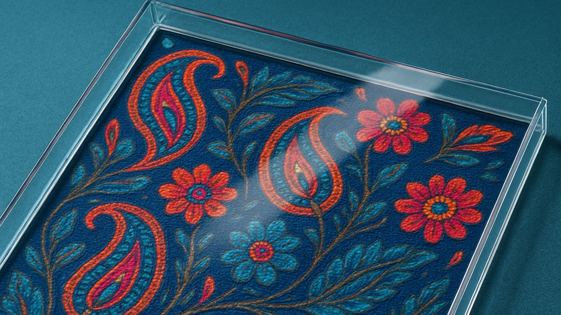 Clear tray with intricate paisley and floral design in orange, teal, and blue.