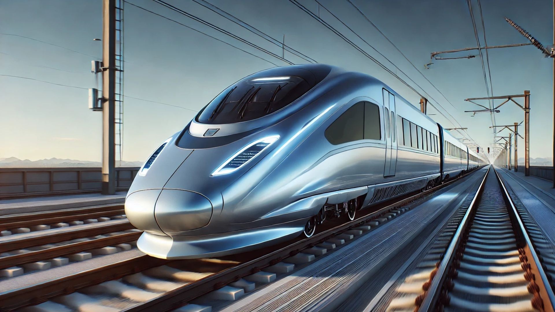 Shiny silver high-speed train traveling on tracks, outdoors.