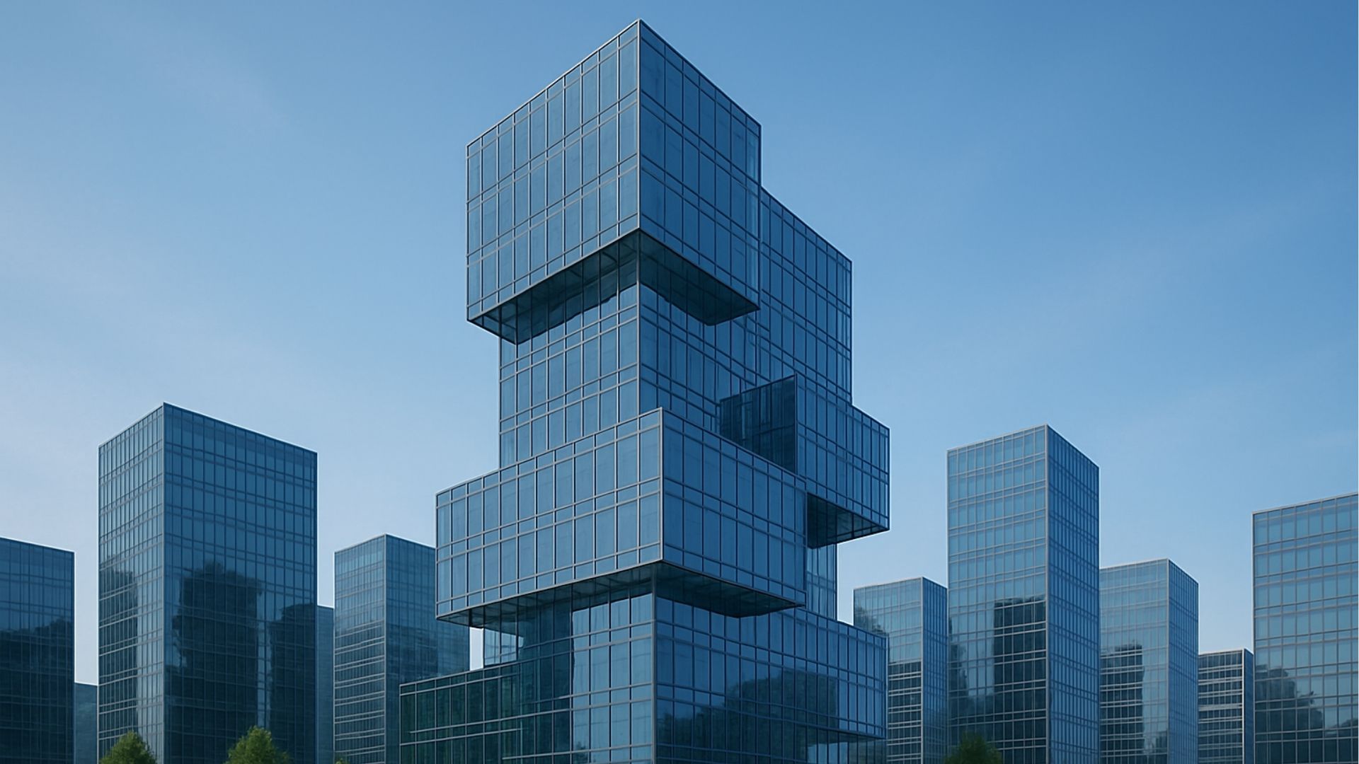 Modern glass skyscrapers against a clear blue sky. Central building features projecting blocks.