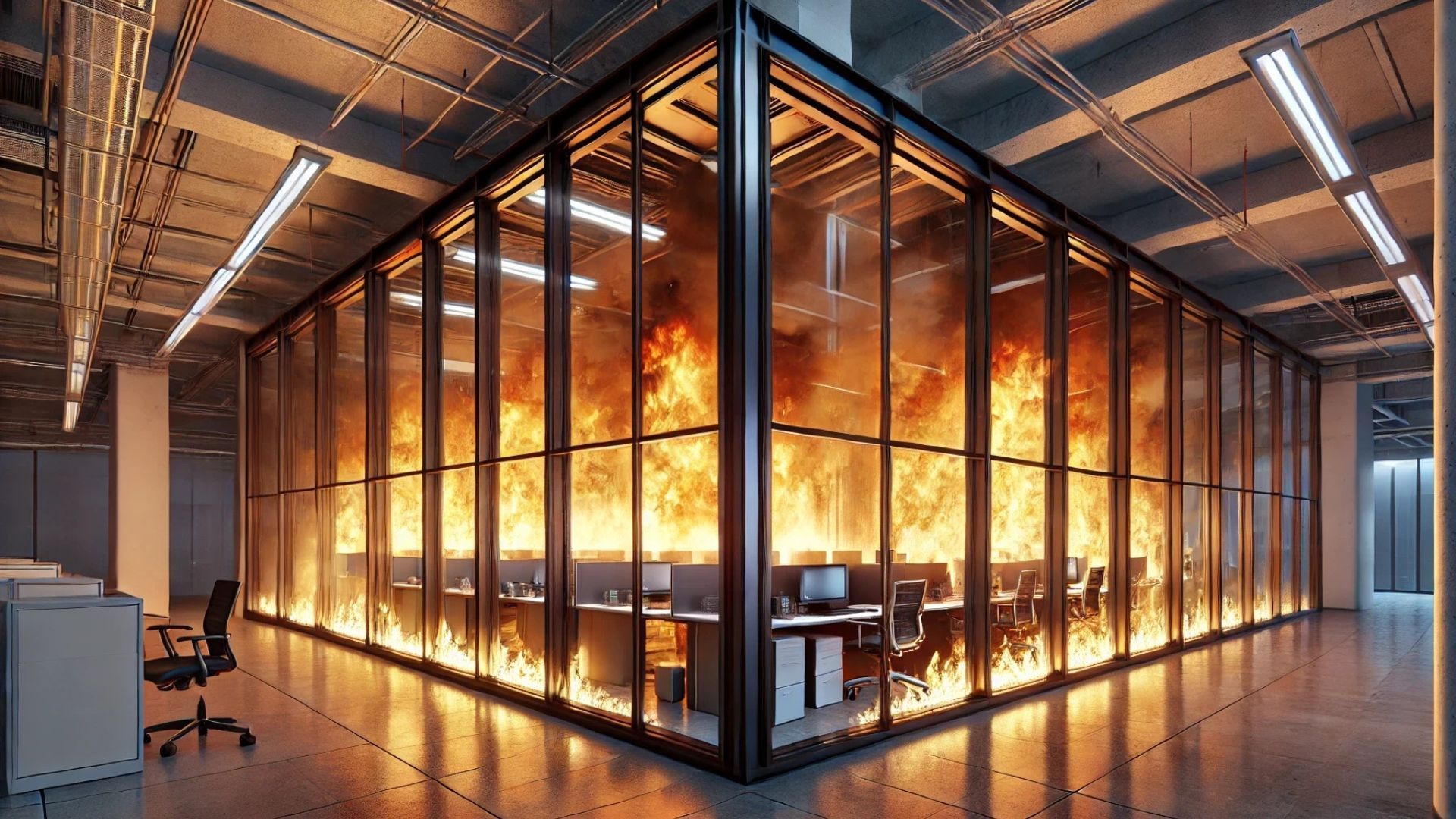 A fire engulfs an office space enclosed by glass walls, viewed from outside. Flames are bright orange against the interior.