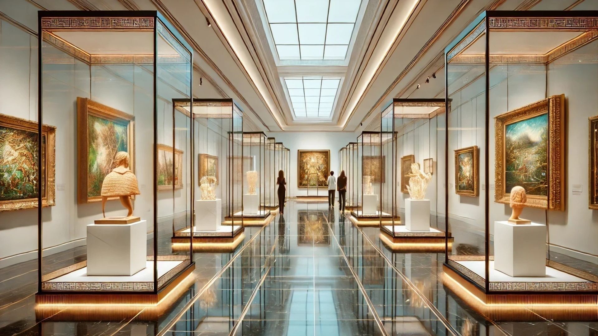 Museum gallery with paintings and sculptures in glass cases, lit by skylight.