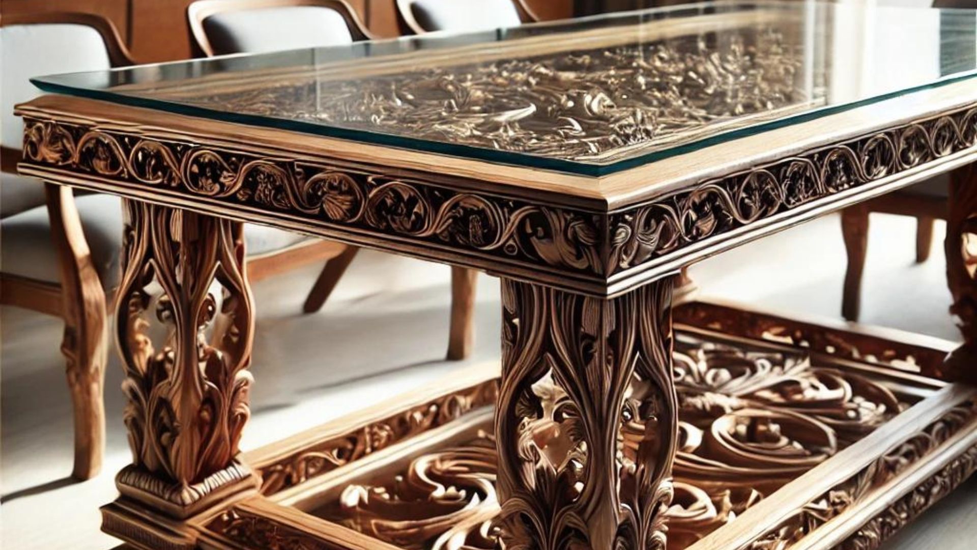 Ornate wooden table with glass top, carved details. Chairs visible in the background.