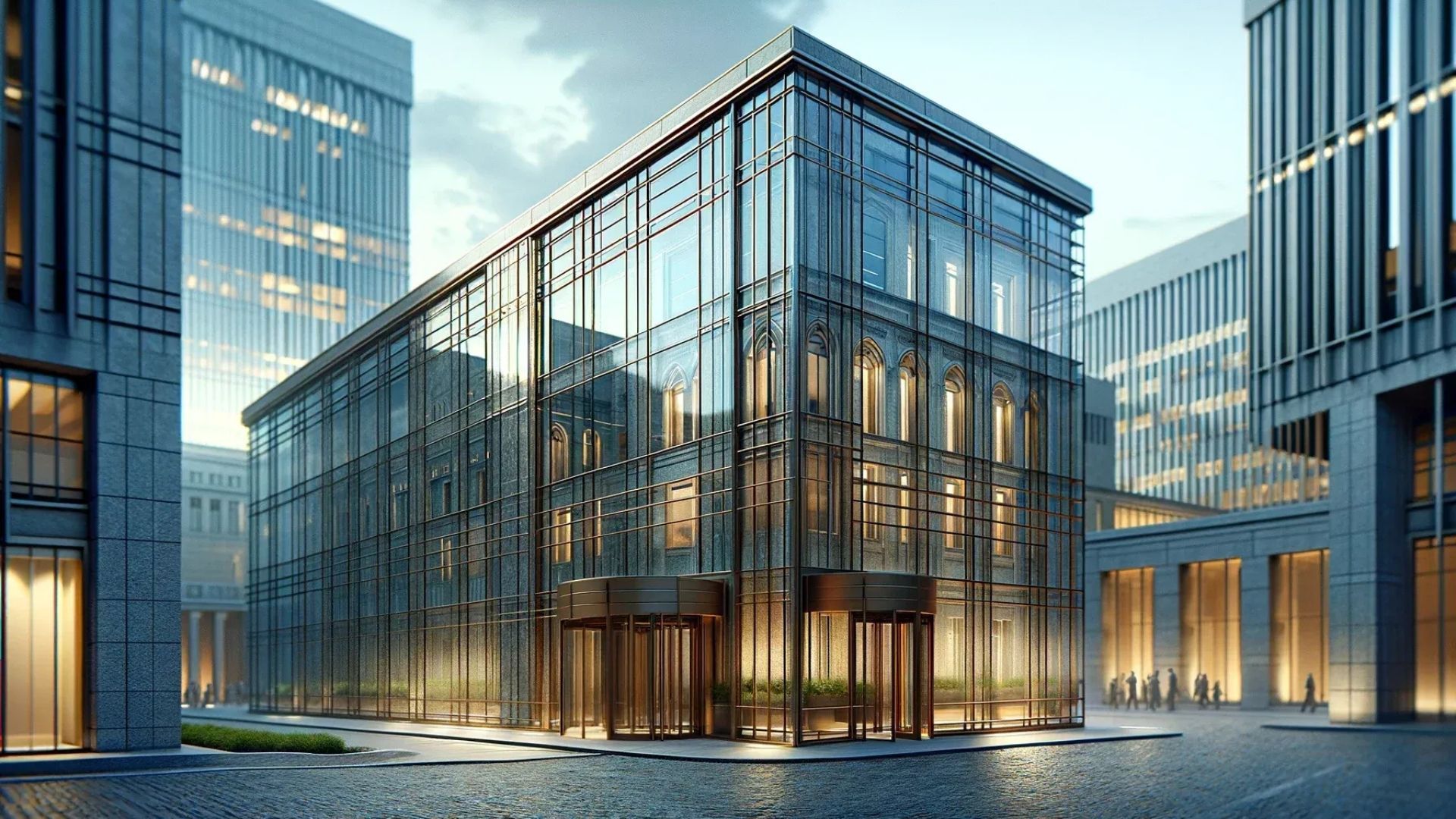 Modern glass building with revolving doors, surrounded by other buildings on a cobblestone street.