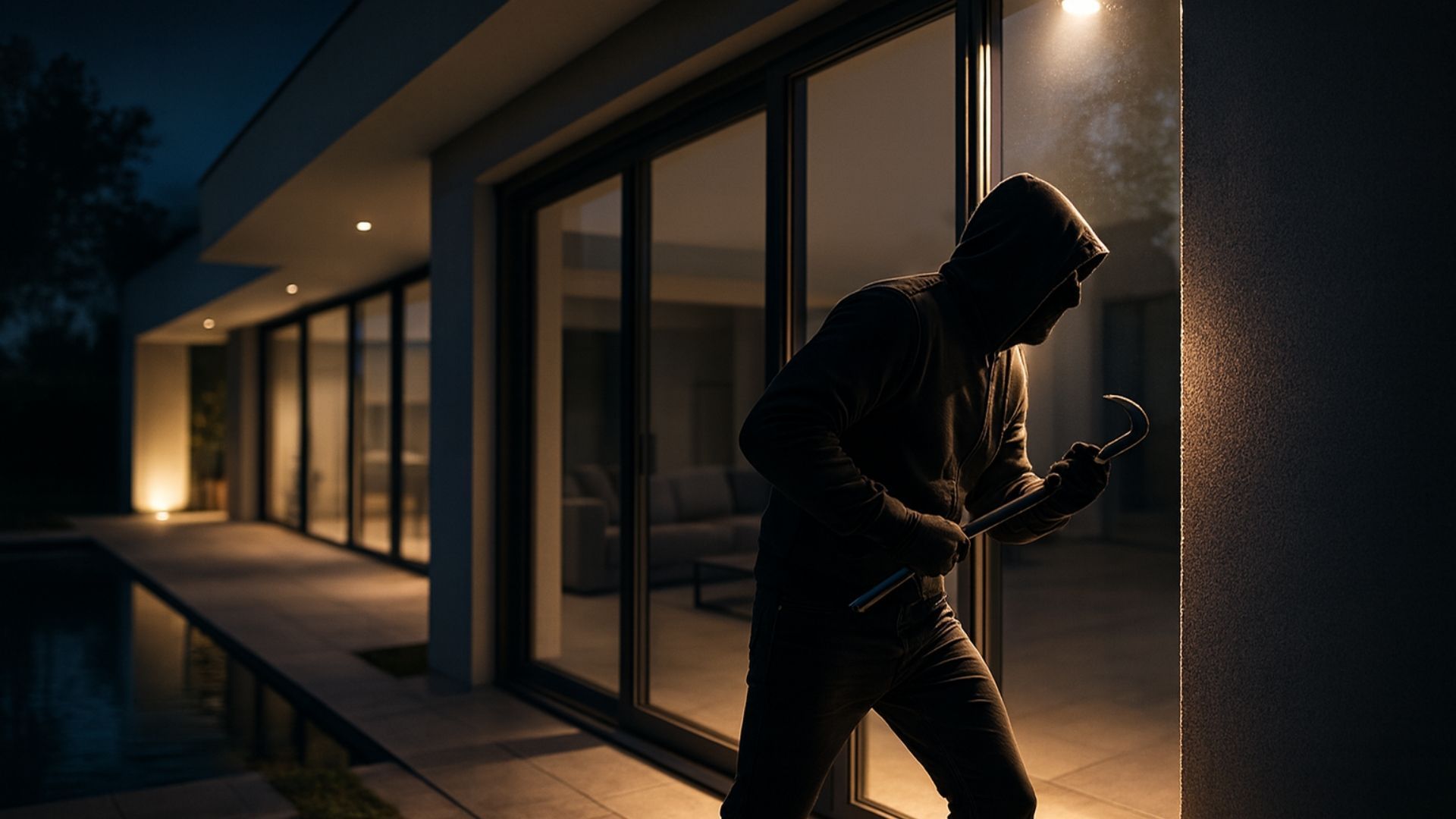 Silhouette of a person with a crowbar trying to open a sliding glass door at night.