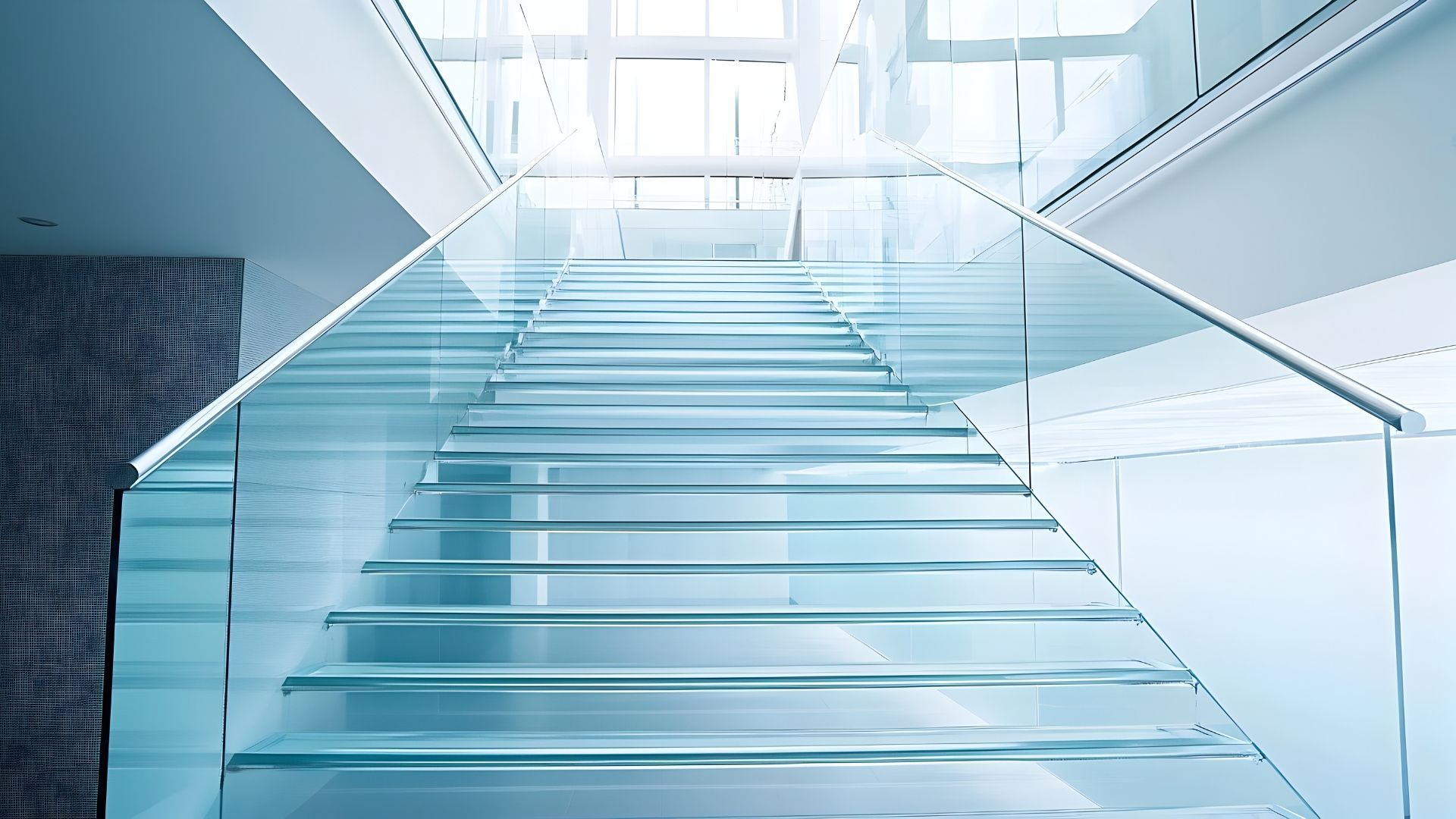 Glass staircase with clear steps and railings in a modern building; sunlight above.