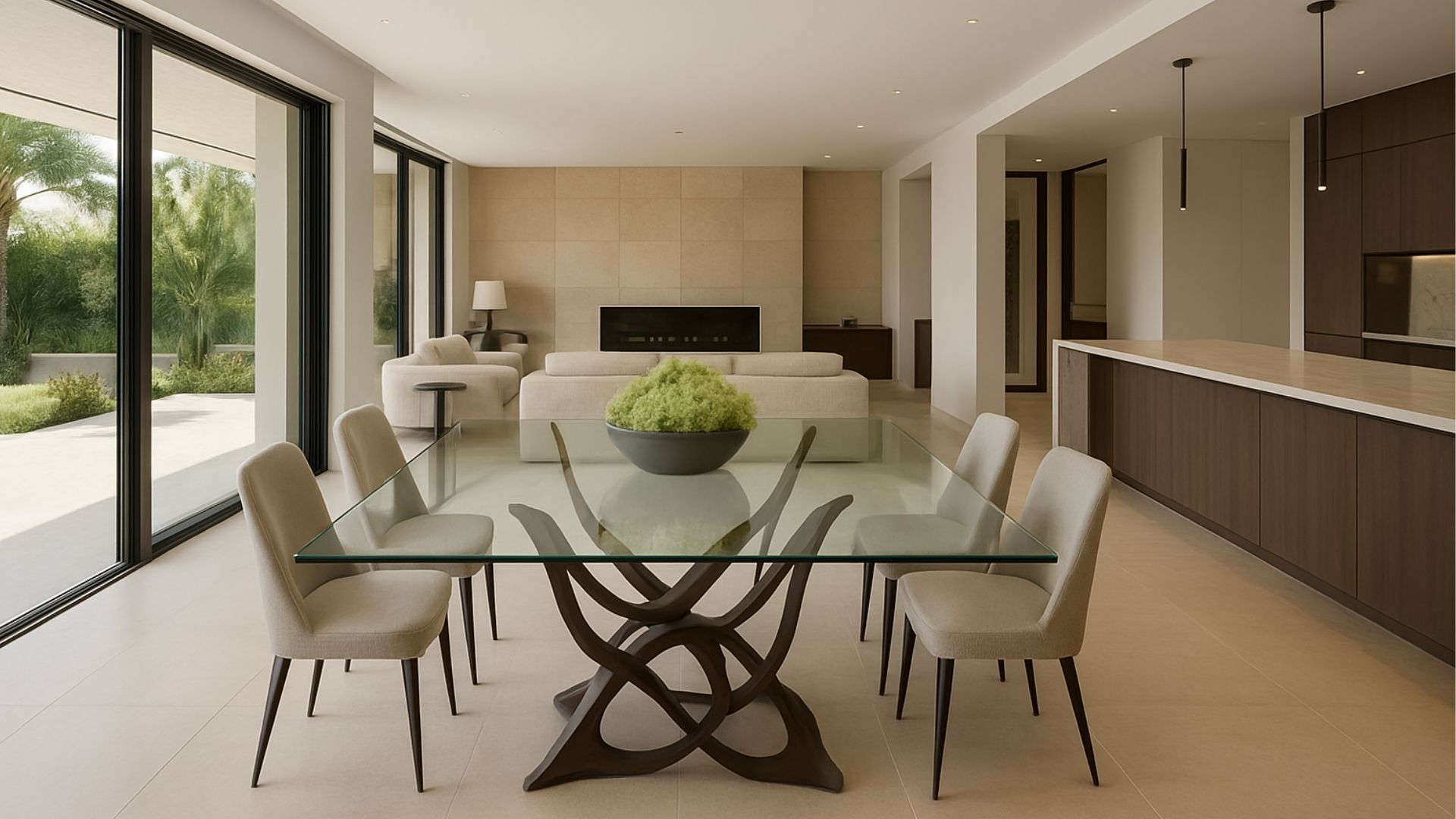 Modern dining room with glass table, six chairs, and a bowl centerpiece, looking toward living area with sofa and fireplace.