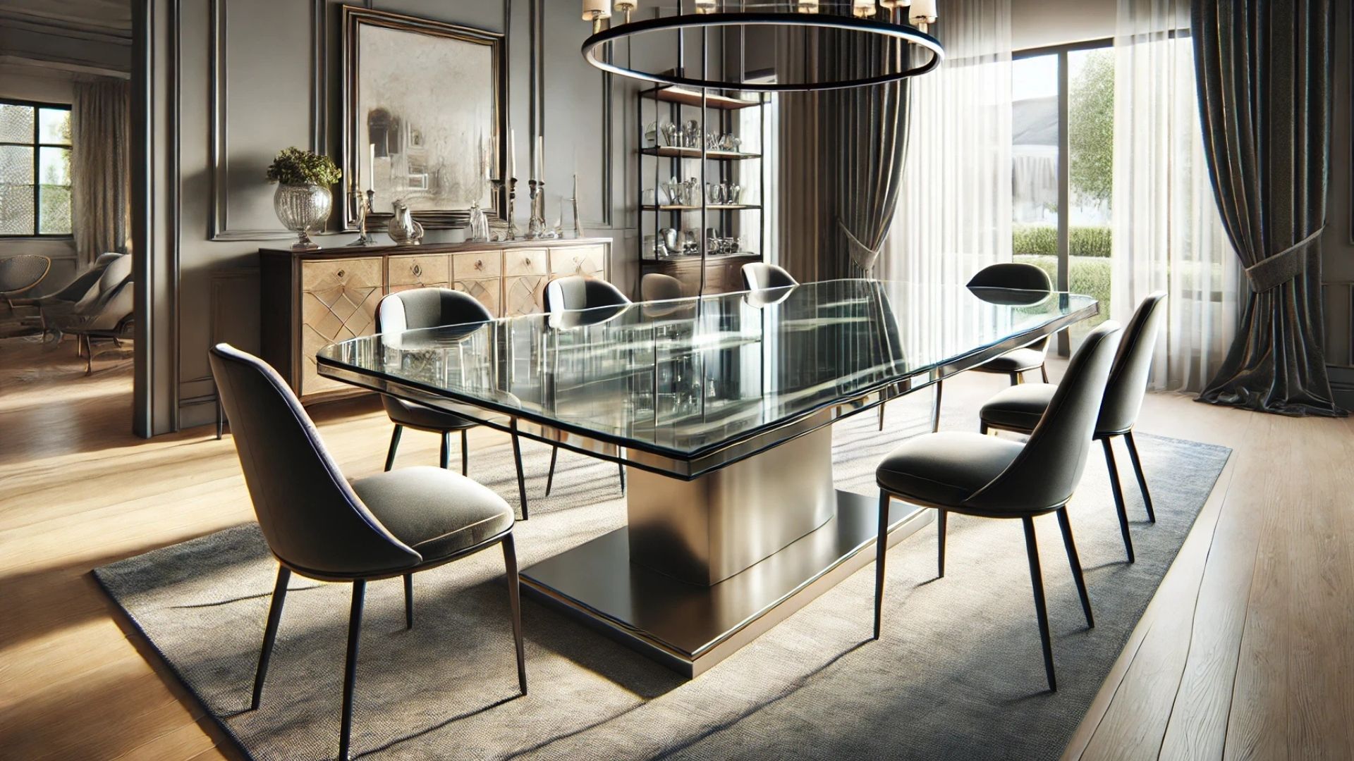 Elegant dining room with glass table, gray chairs, and chandelier.