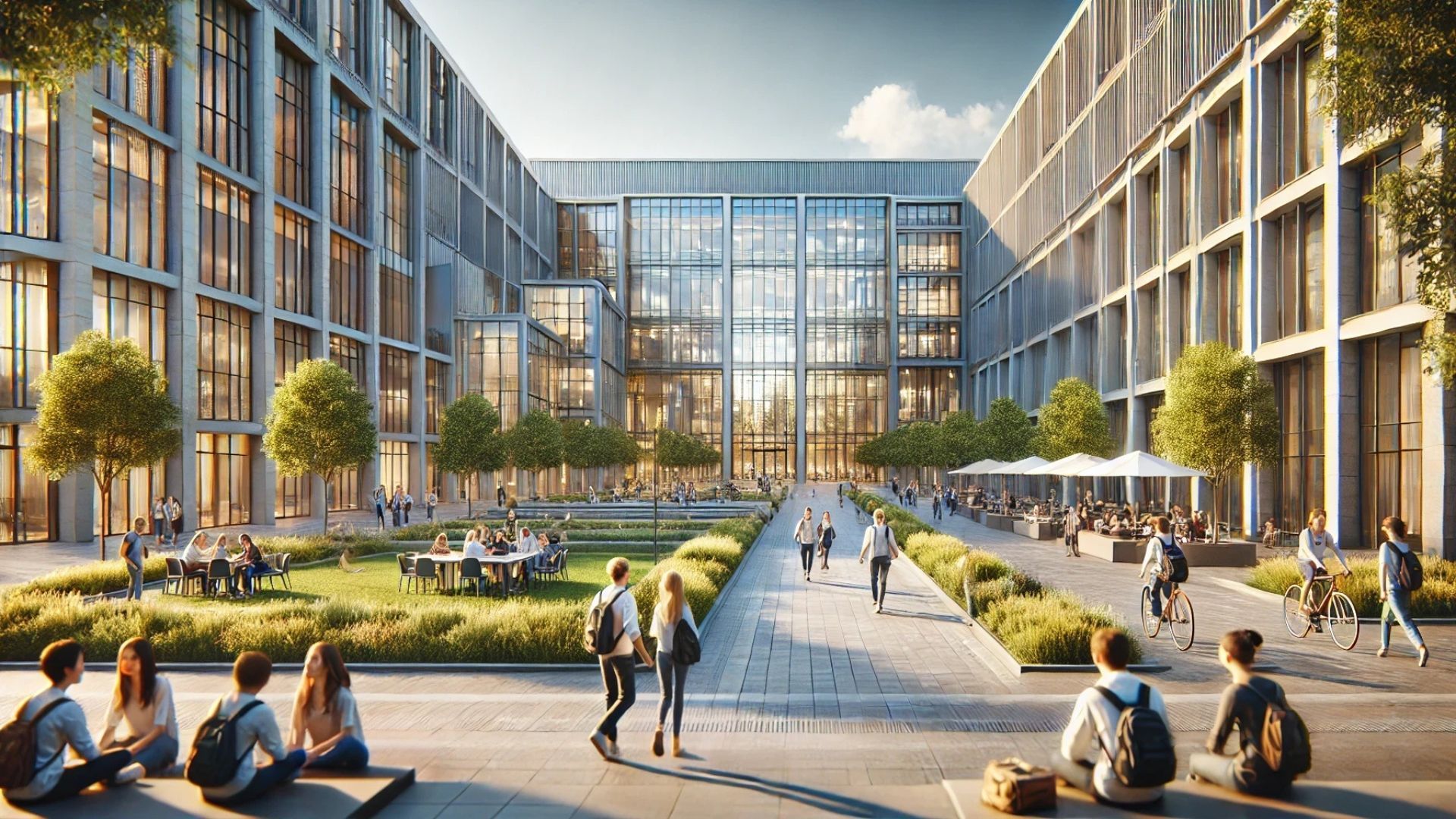 Modern office complex exterior with open-air courtyard; people walking, sitting, and gathering. Sunny day.