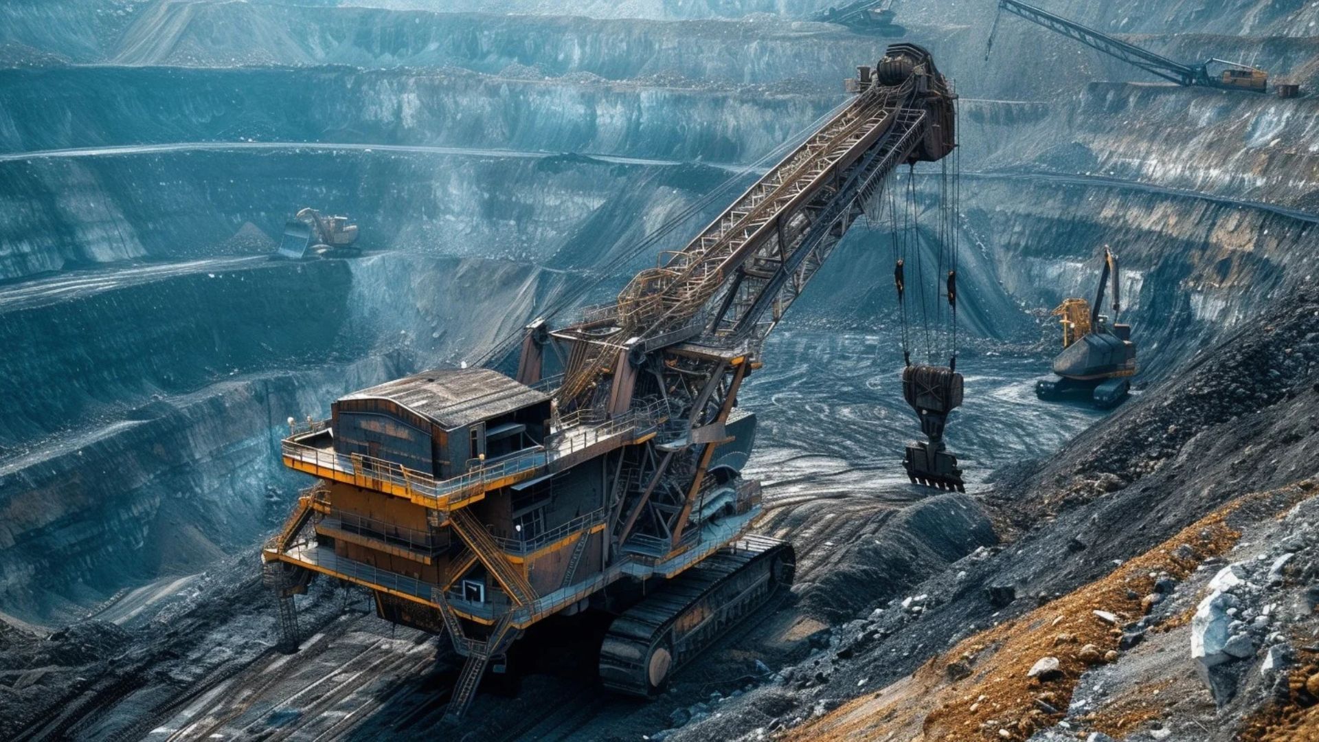 Large mining excavator on a steep hillside in an open-pit mine.