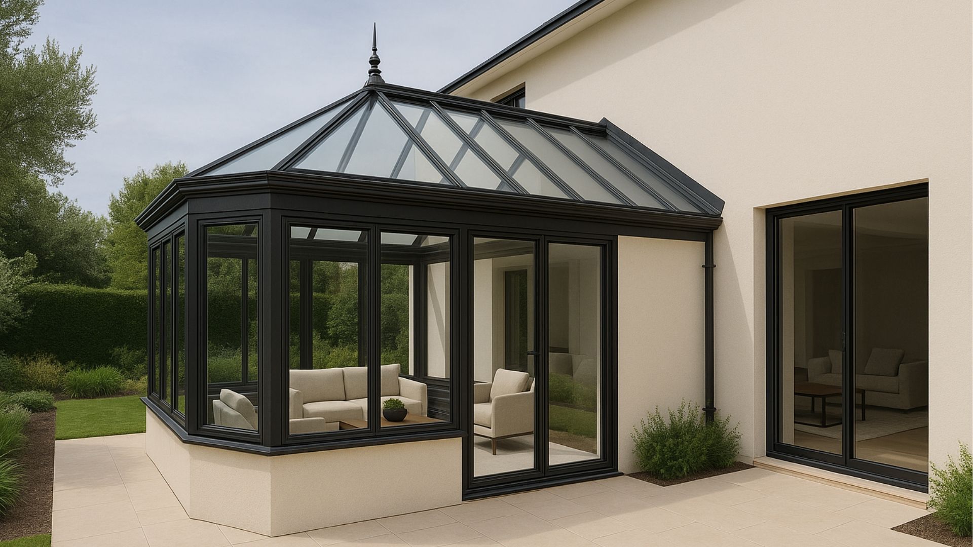 Sunroom with black framing and glass walls attached to a beige house, with interior seating visible.