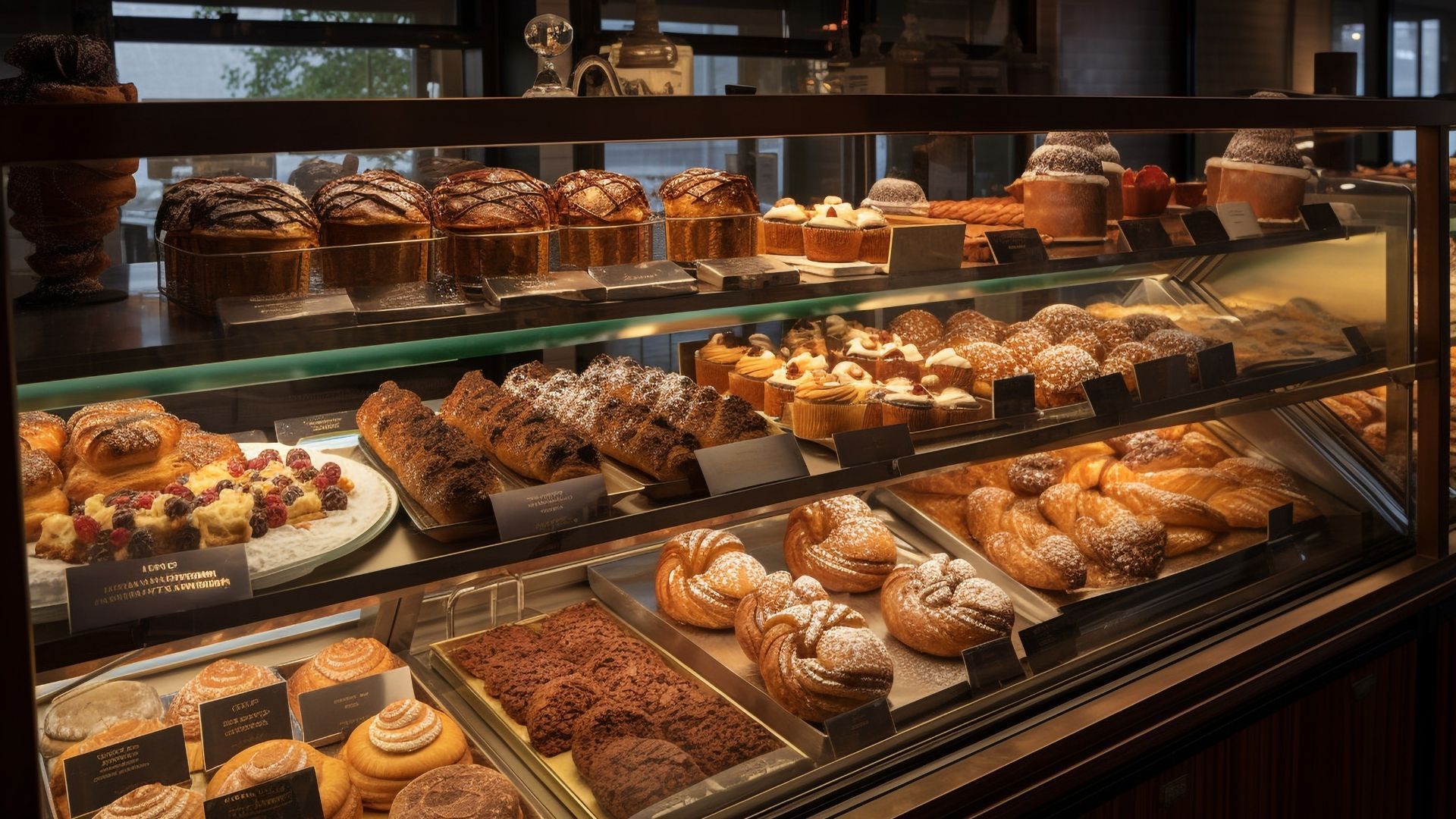 Bakery display case filled with various pastries: cakes, muffins, and danishes.