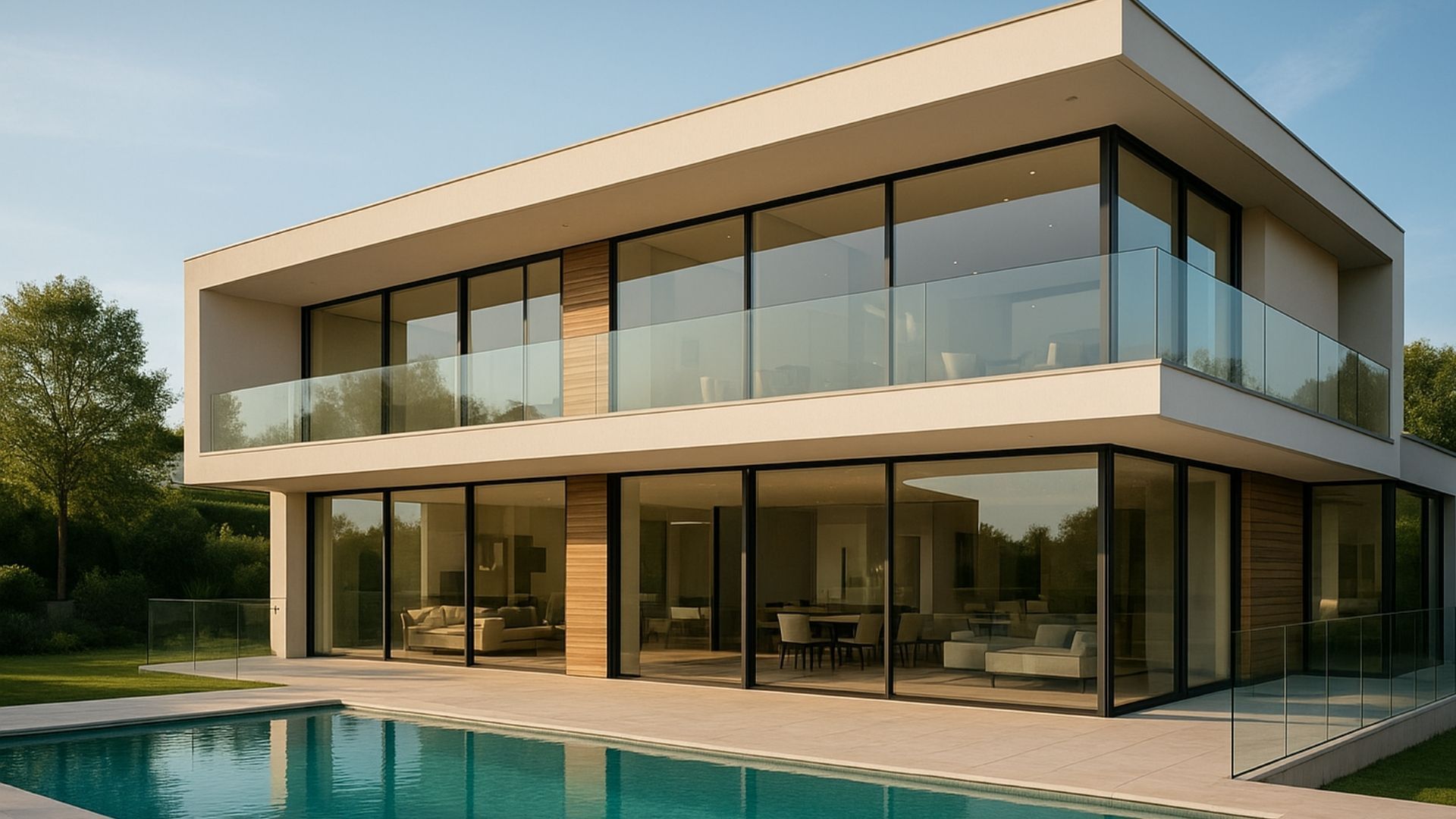 Modern two-story house with glass walls and a pool in front, set in a yard.