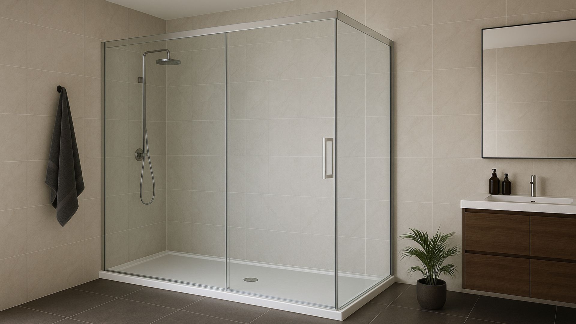 Corner shower stall with glass doors, silver fixtures, and gray tile walls in a modern bathroom.