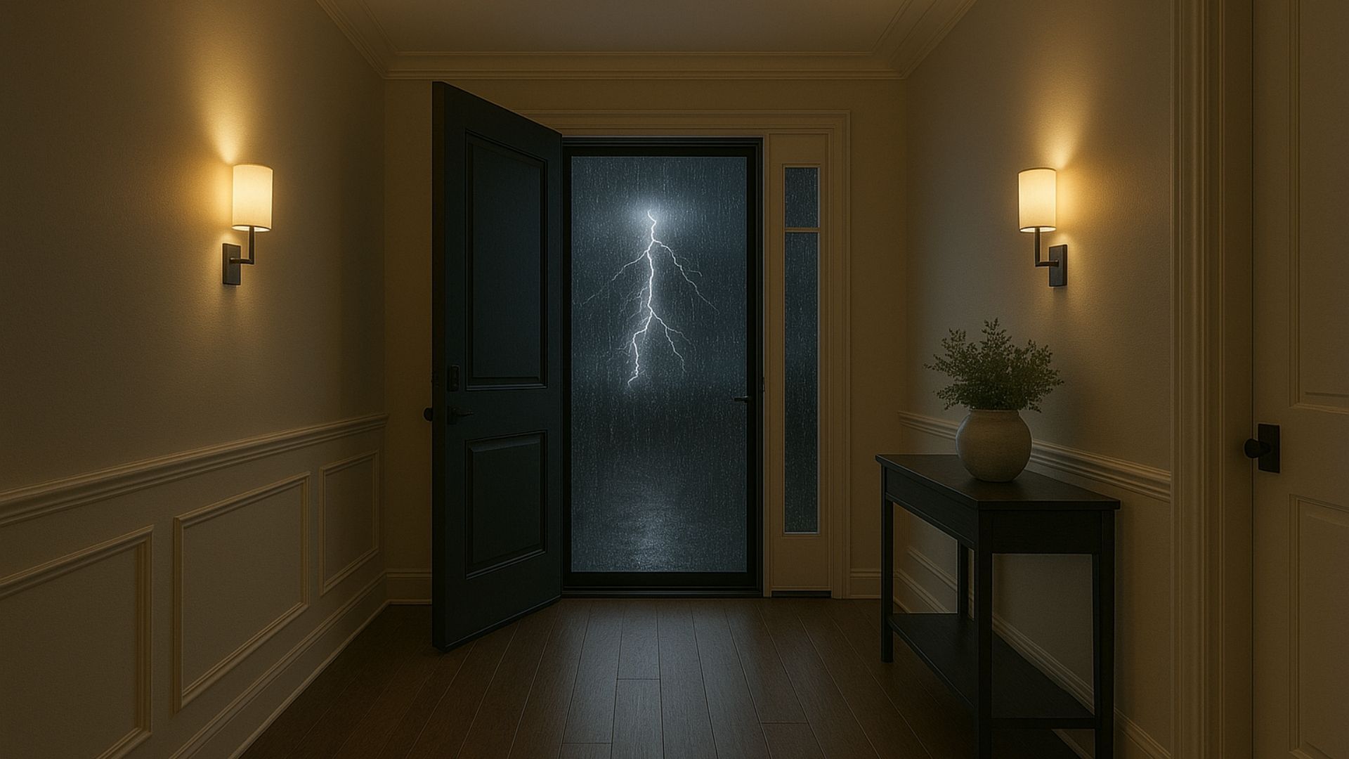 Hallway with open door, illuminated by wall sconces. Raining outside, dark wood door and floors.