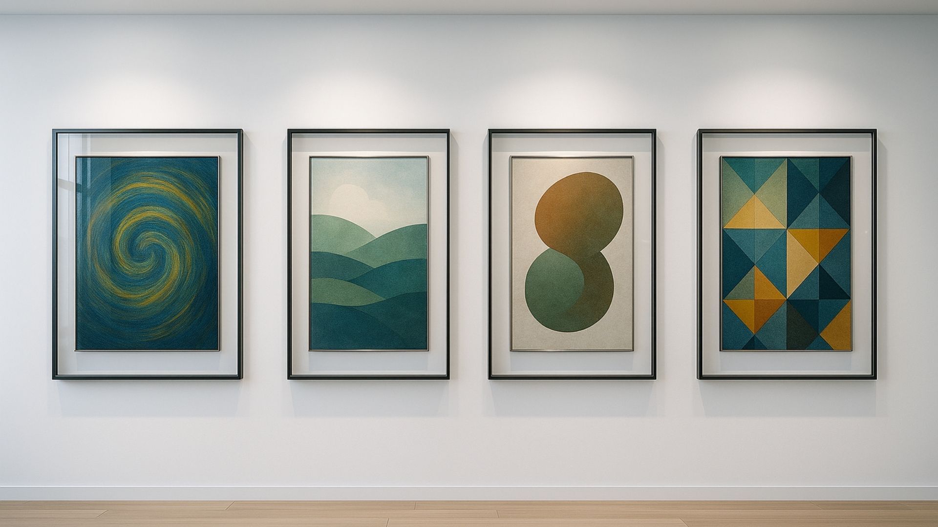 Four framed abstract art pieces on a white wall; swirl, mountain range, overlapping circles, and geometric shapes in blue, gold, and green.