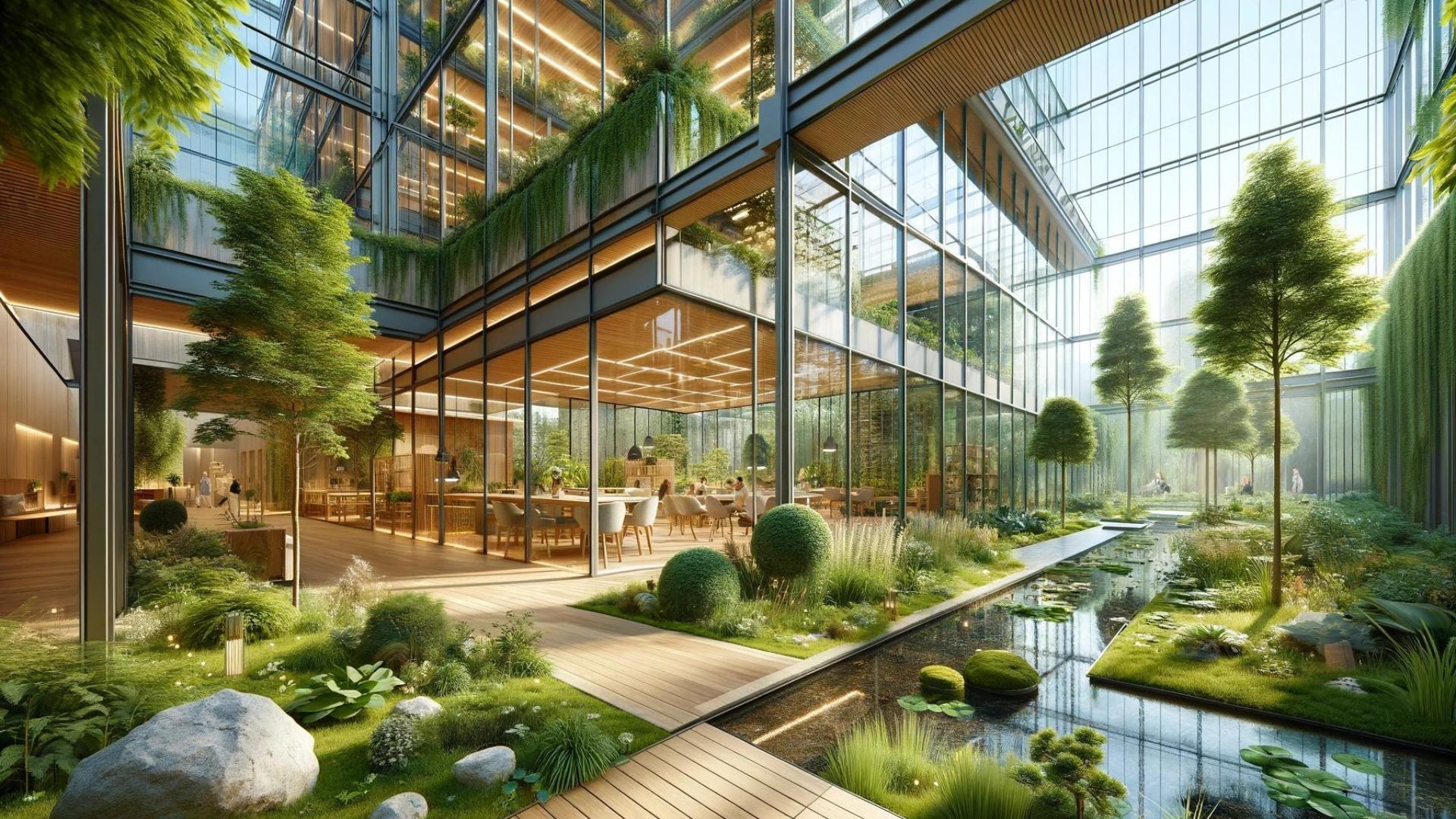 Indoor garden atrium with glass walls, plants, and a reflecting pool.