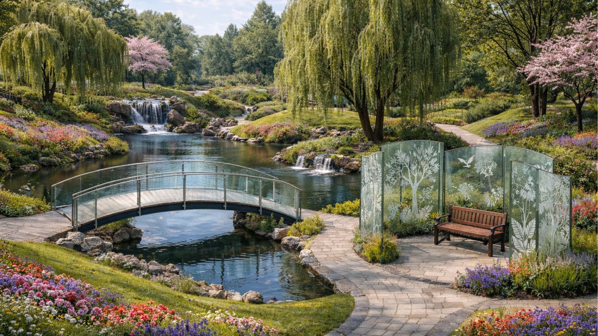 A peaceful garden scene with a curved bridge over a stream, a bench and decorative screens, and lush greenery.