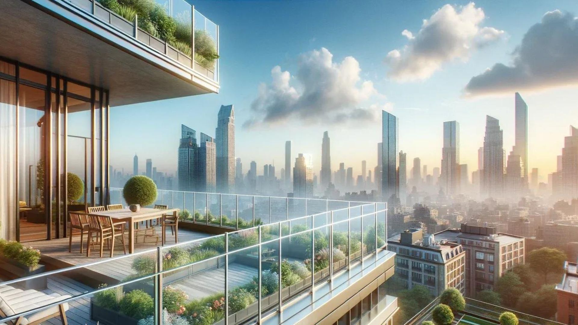 Balcony overlooking a cityscape with glass railings, greenery, and a dining table. Blue sky with clouds.