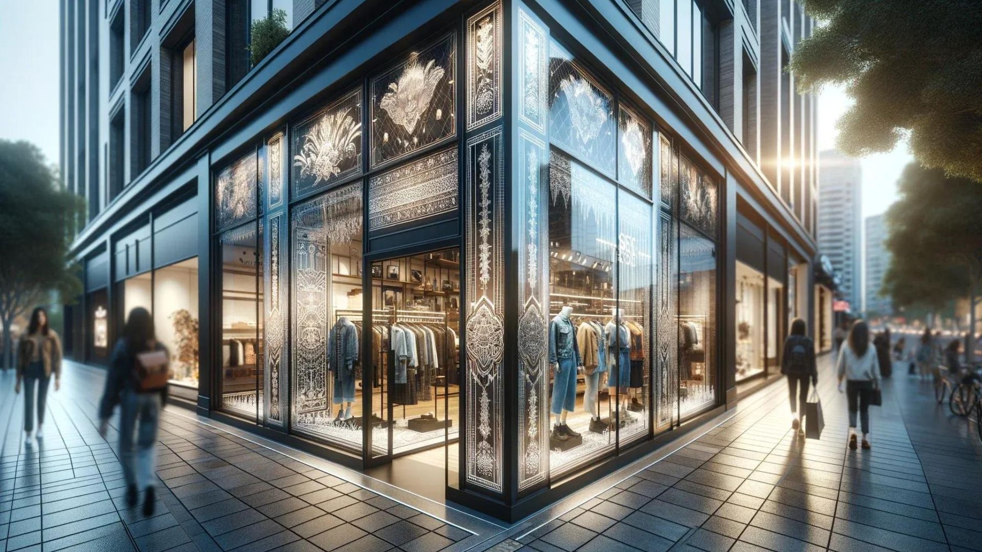 Corner storefront with ornate window displays showcasing clothing, people walking on sidewalk.