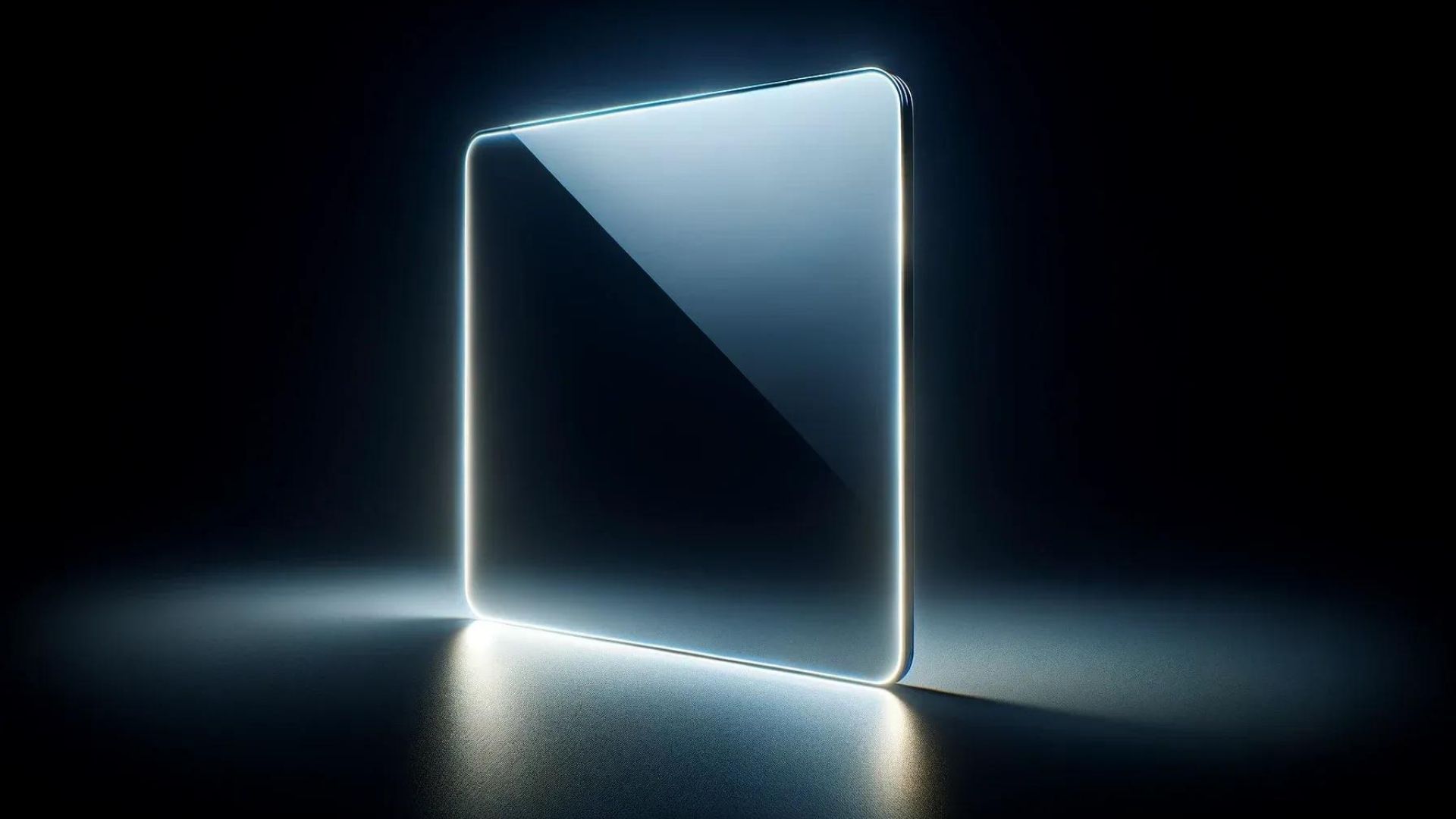 Glowing tablet with white neon outline on a dark surface.
