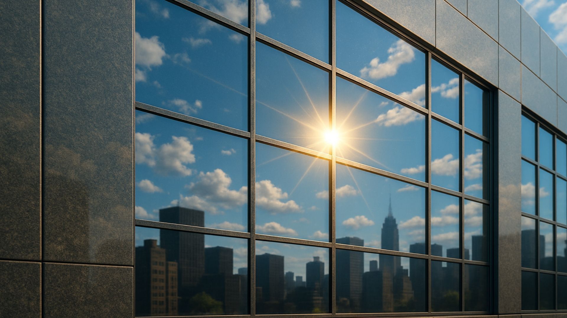 Reflective skyscraper windows with a bright sun, blue sky, clouds, and city skyline.