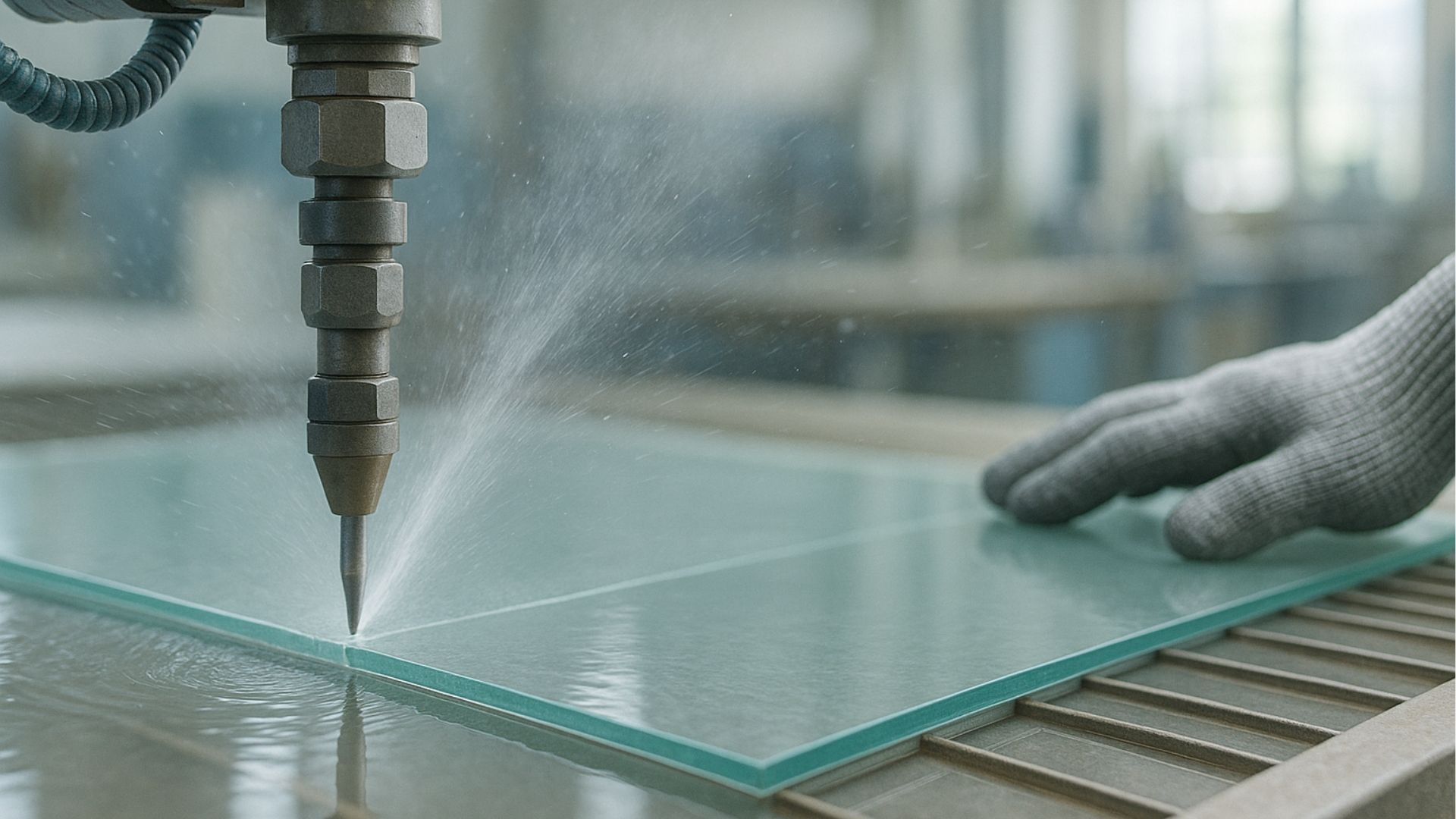 Water jet cutting glass; industrial setting, hand in glove guides glass.