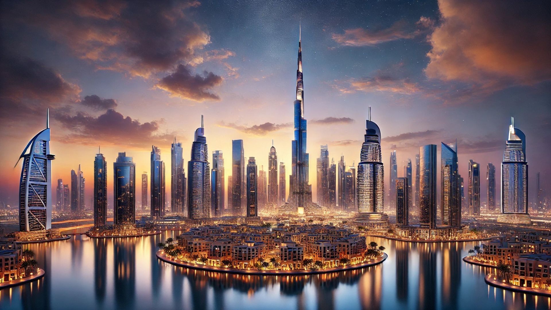 Dubai skyline at sunset with illuminated skyscrapers reflecting in the water.