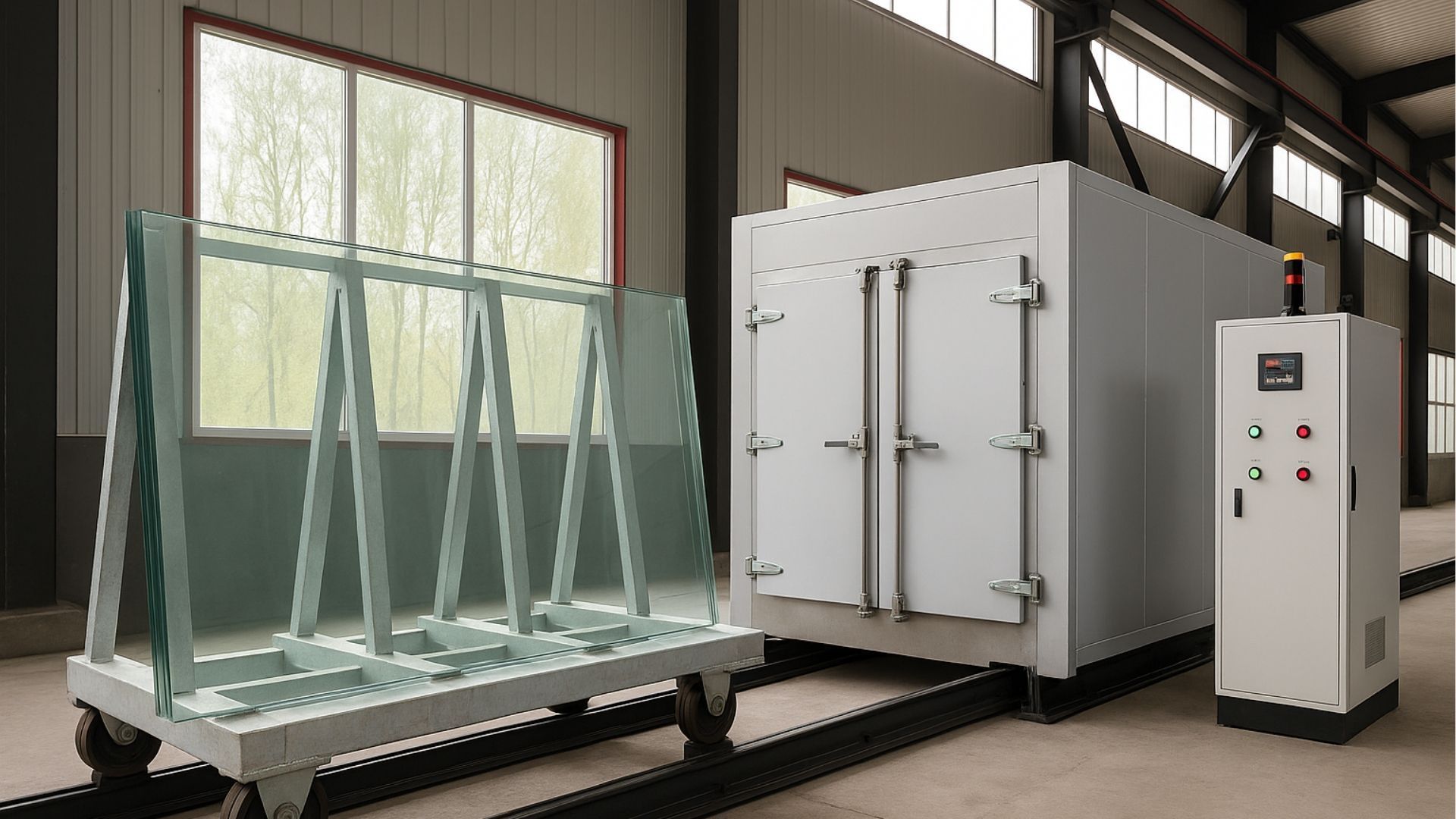 Glass sheets on a cart next to a large industrial oven with a control panel in a factory setting.