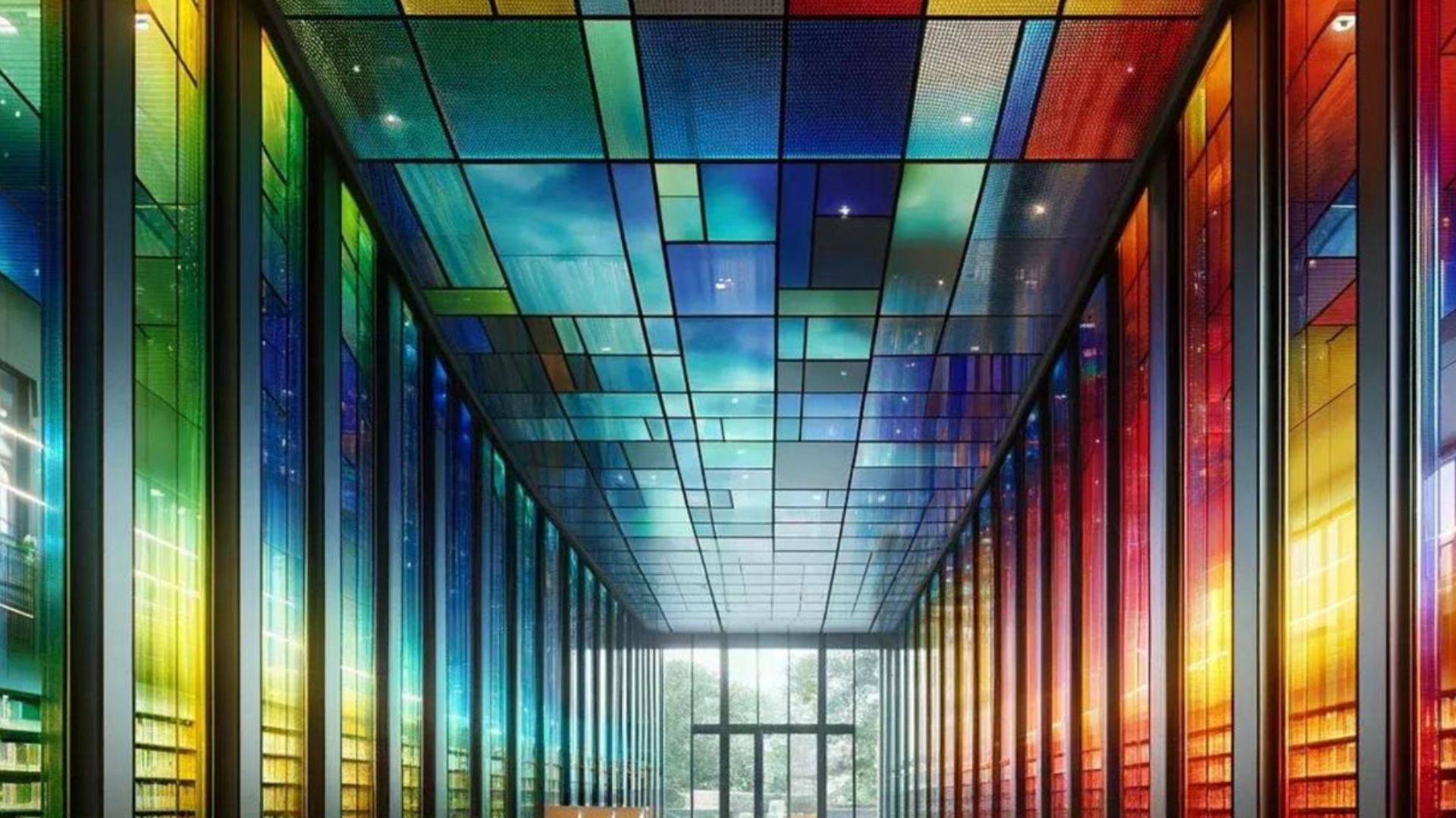 Hallway with stained glass ceiling and walls in rainbow colors.