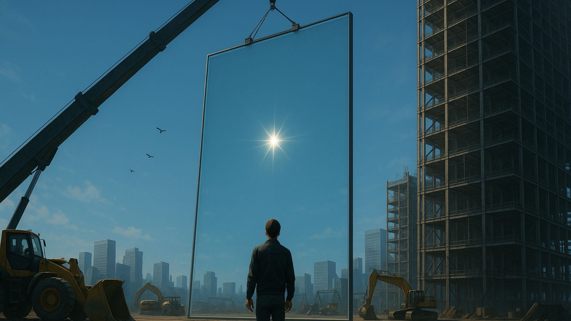 A person gazes at a large mirror reflecting the sun, held by a crane on a construction site.