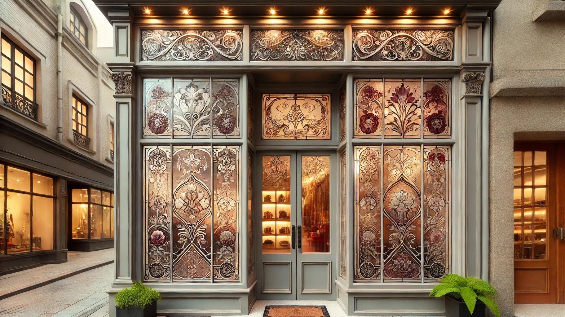 Ornate storefront with large stained glass windows and gray facade.