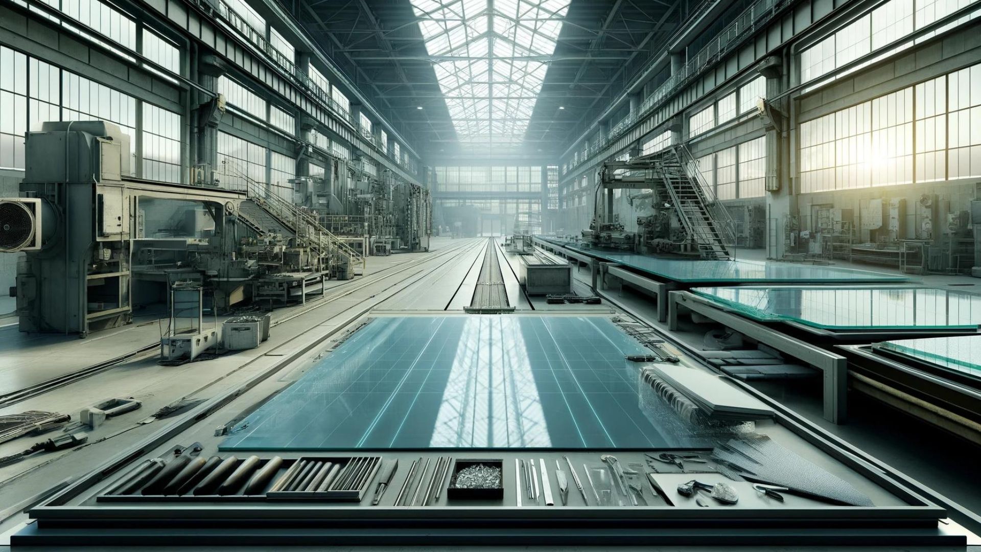 Industrial factory interior with large machines and glass panels, a bright open space.
