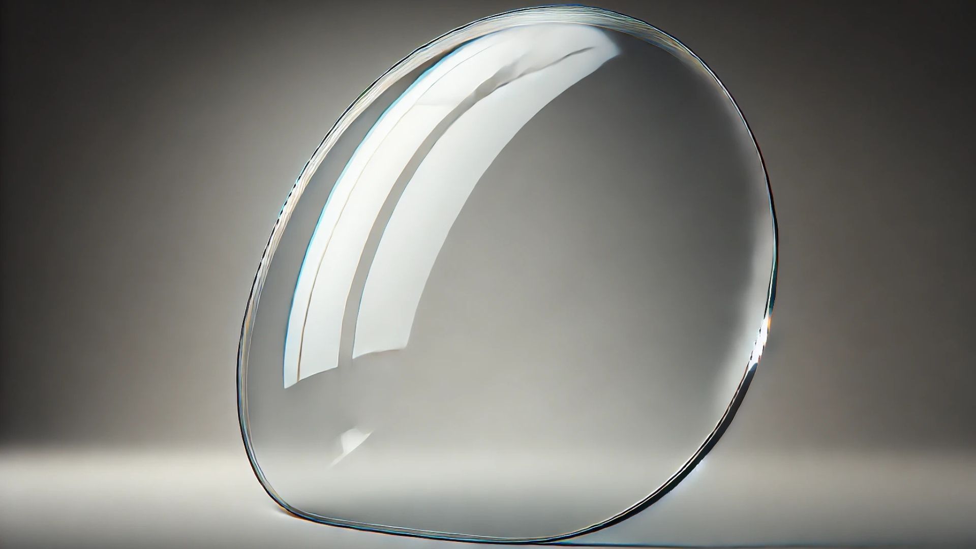 Clear, oval-shaped lens, angled slightly upwards, reflecting light, set against a blurred gray background.