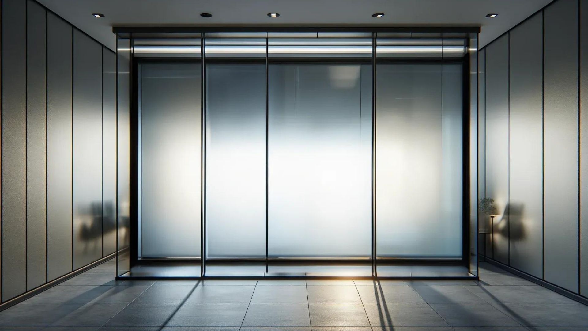 Empty modern elevator with frosted glass doors and shiny metal framing.