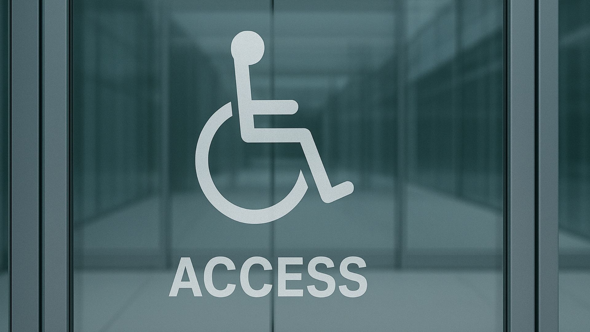 Glass doors with accessibility symbol and word 