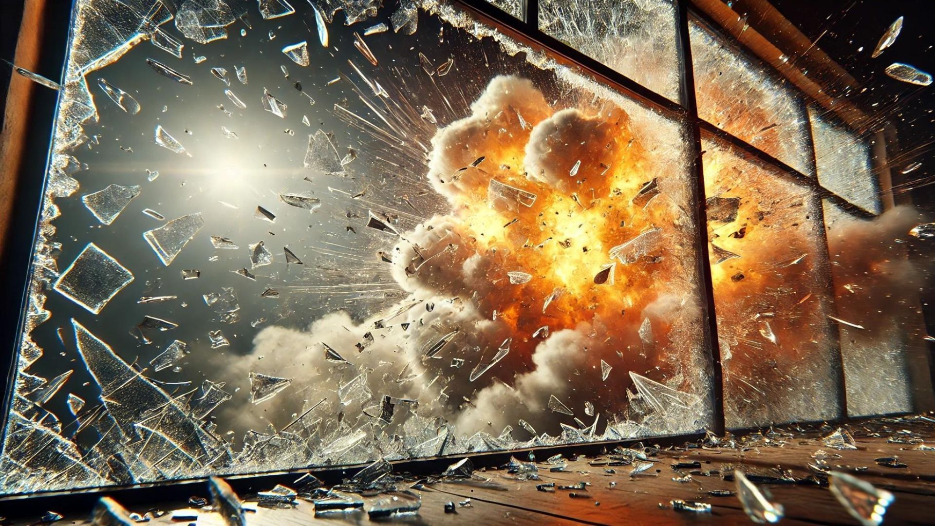 Explosion erupts outside a window, shattering glass and filling the sky with smoke and light.