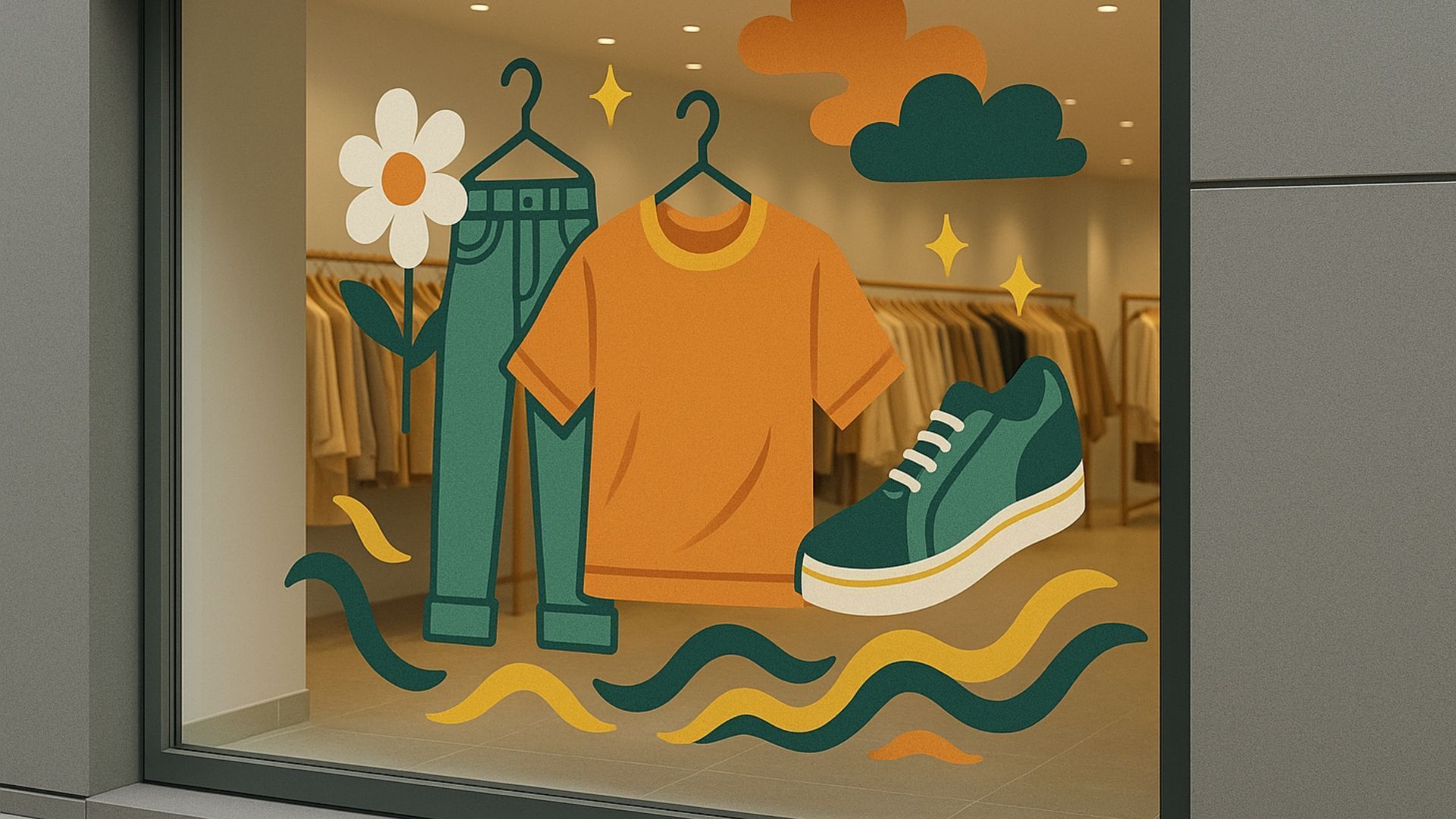 Shop window display: orange tee and teal jeans on hangers, green sneaker, floral and wave accents.