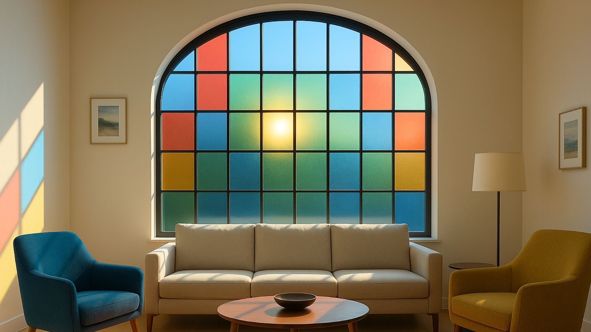 Room with a large arched stained-glass window, sofa, two armchairs, and a coffee table.