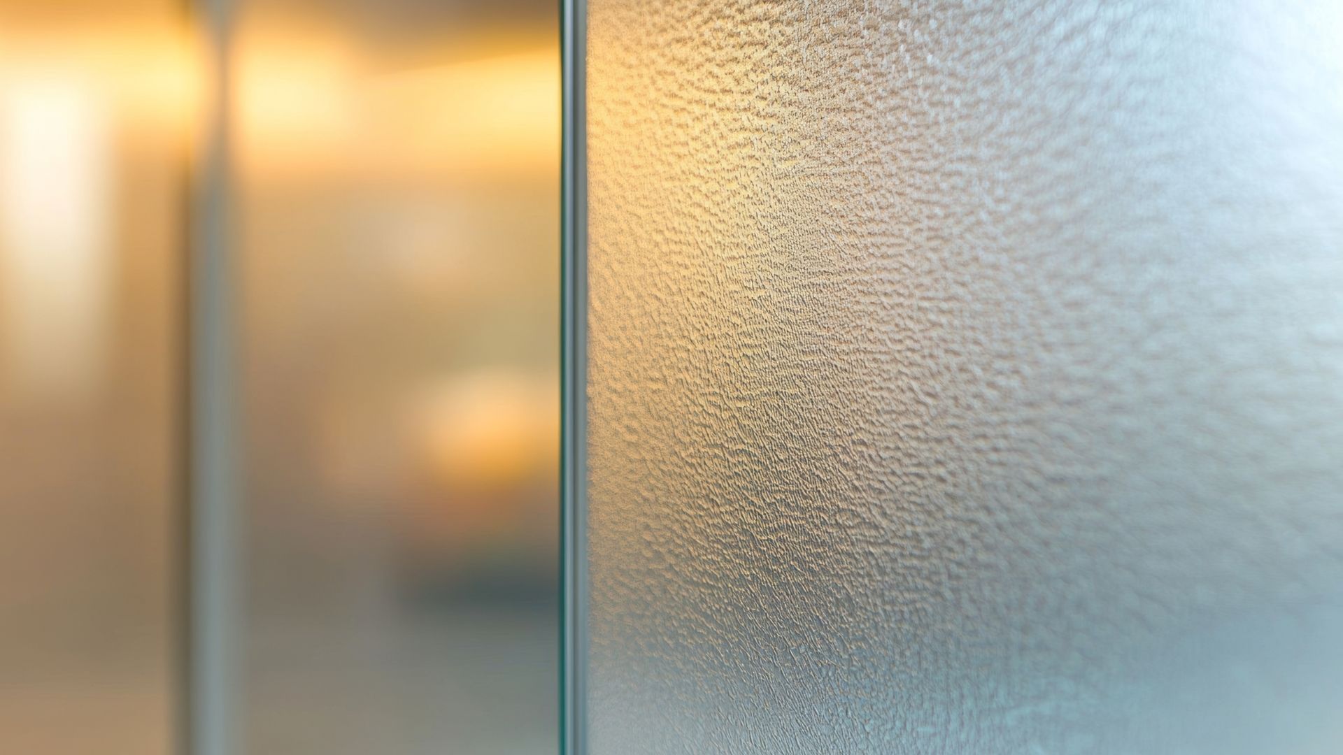 Frosted glass shower door with water droplets.