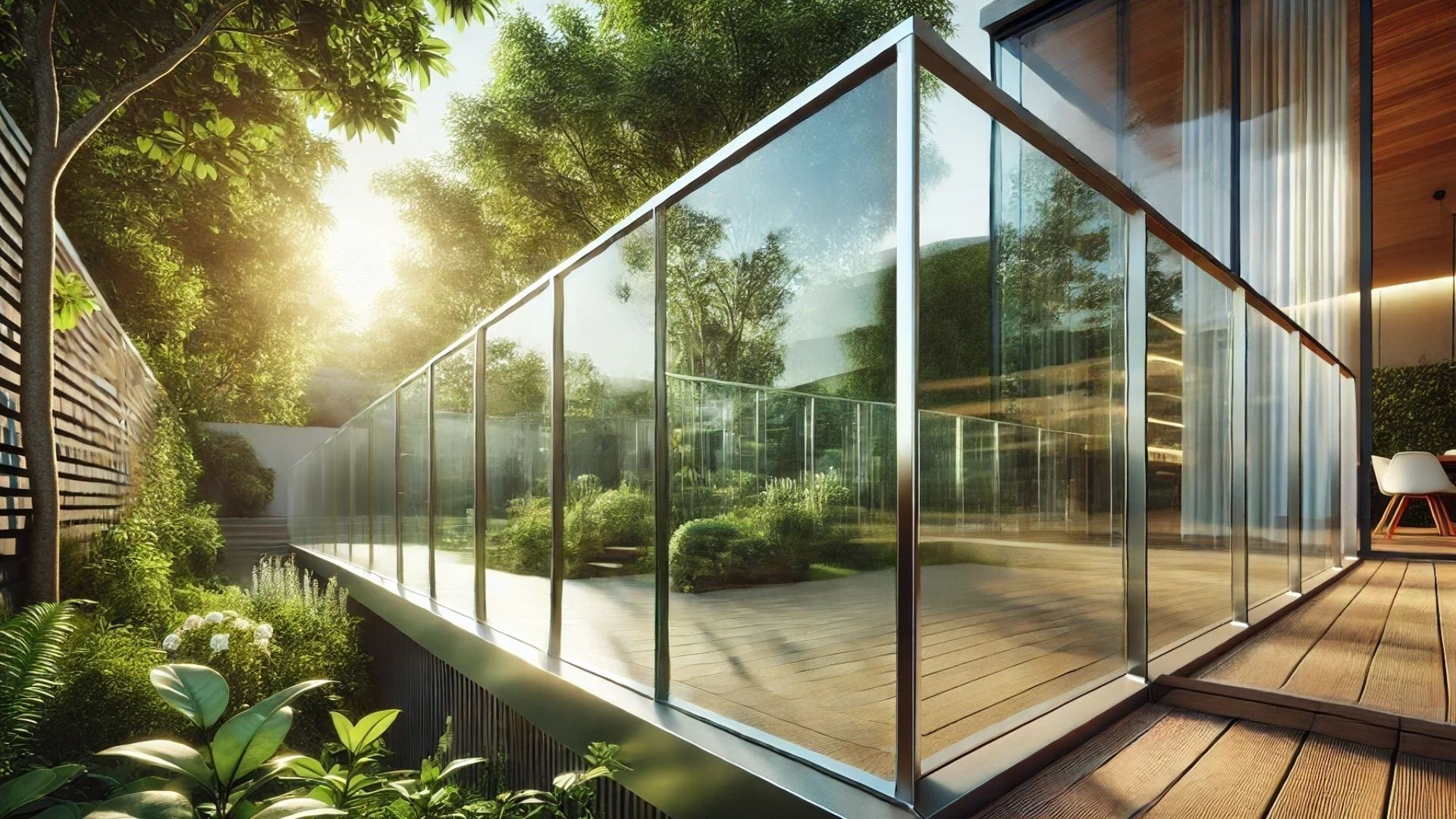 Glass balcony overlooking a lush garden with sunlight.