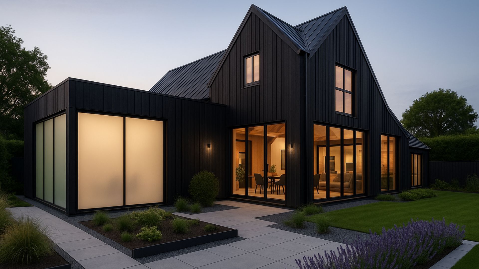 Black modern house with large windows, illuminated at dusk, manicured lawn.