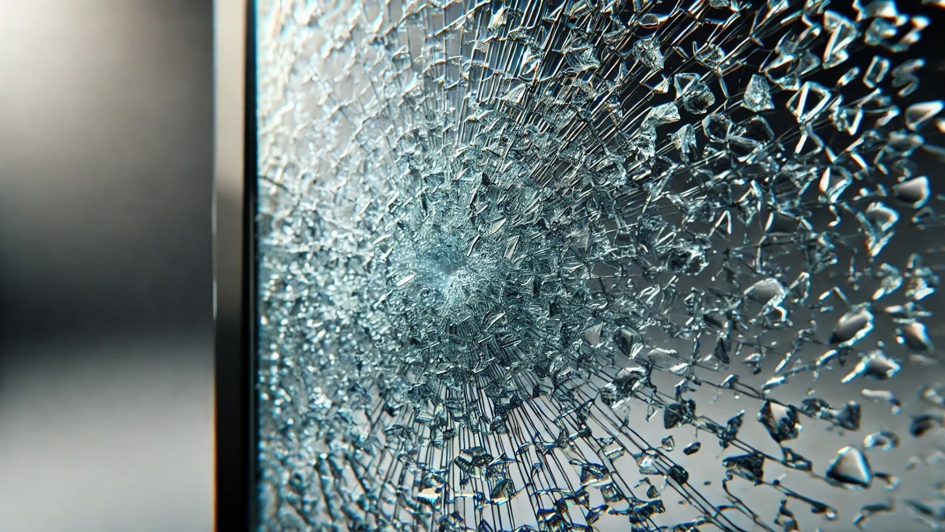 Shattered glass pane with a central point of impact, surrounded by radiating cracks and fragments.