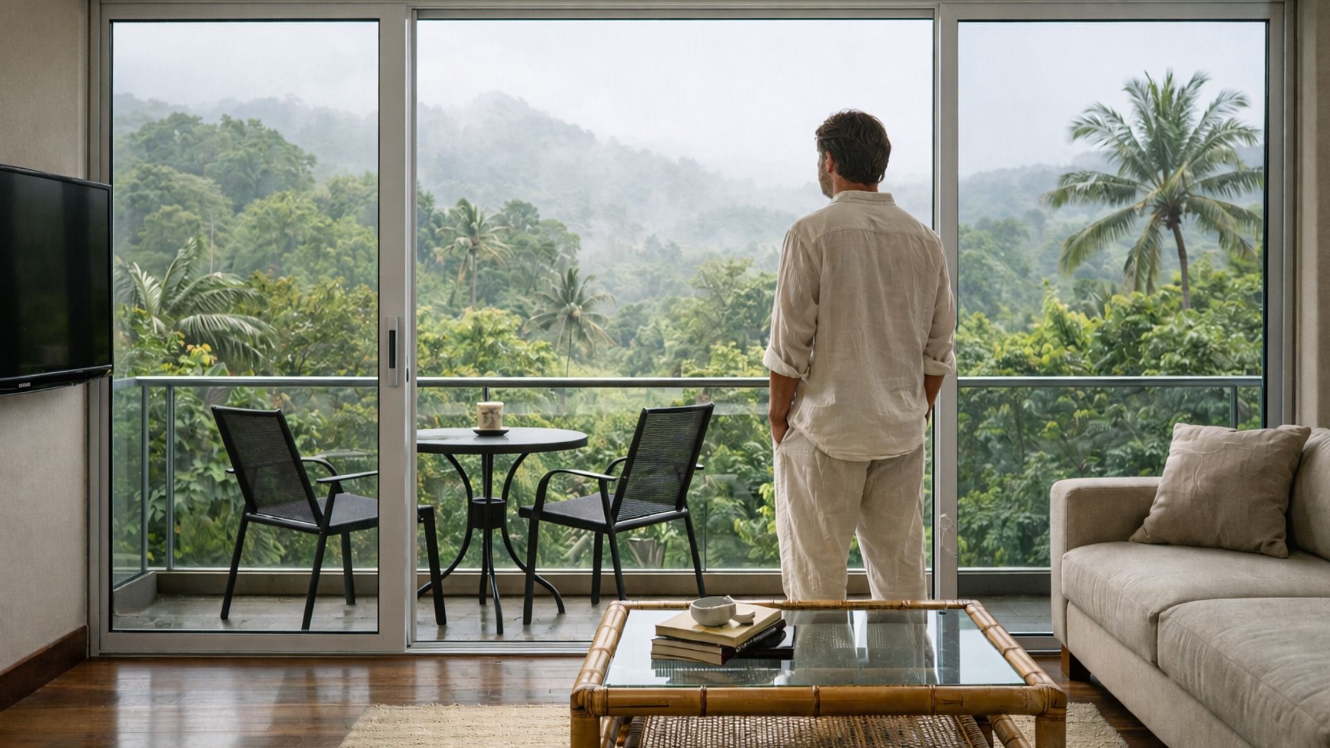 Man looking out at a lush, green landscape through sliding glass doors. He stands on a balcony with a table and chairs.